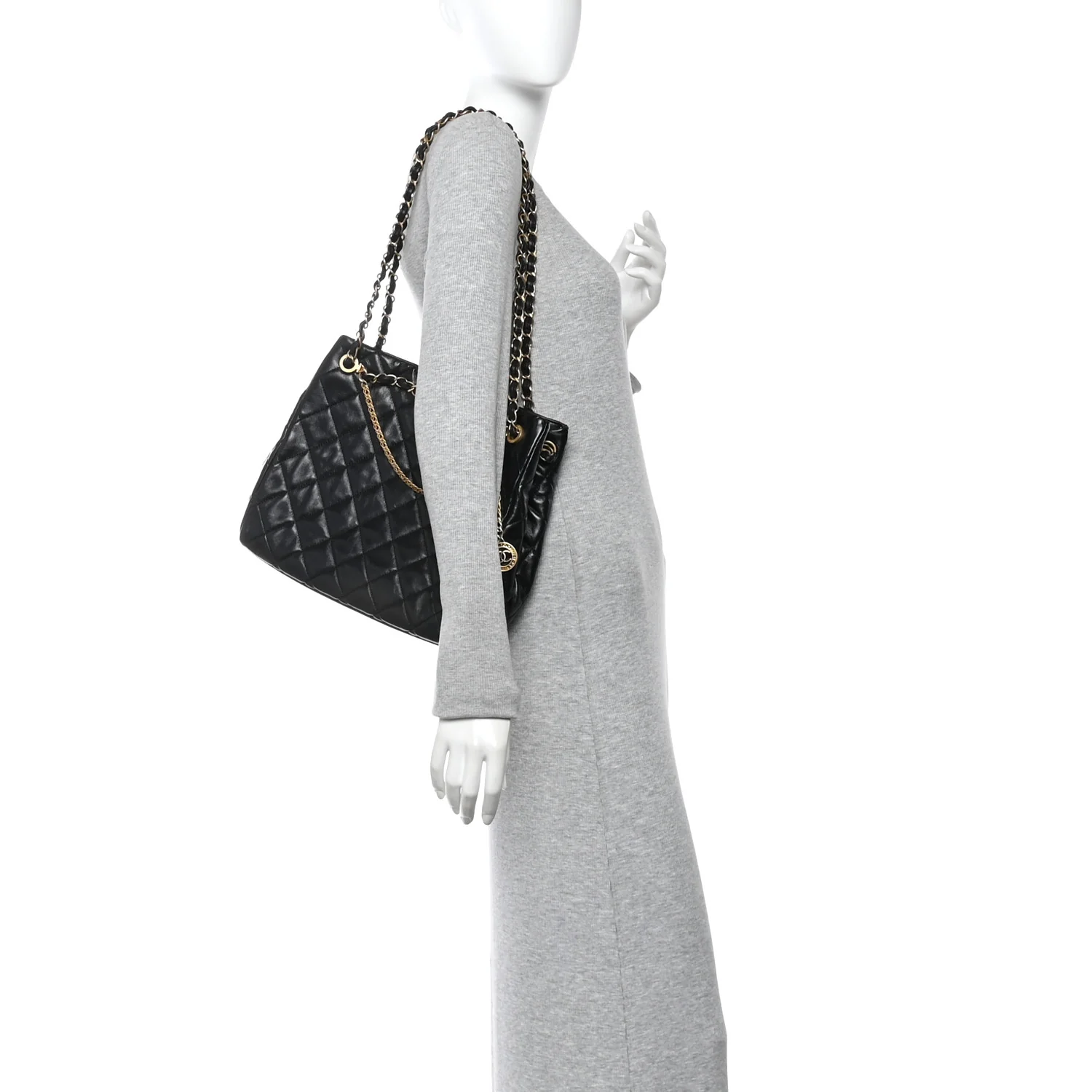 Shiny Calfskin Quilted Fancy Jewel Tote Bag Black