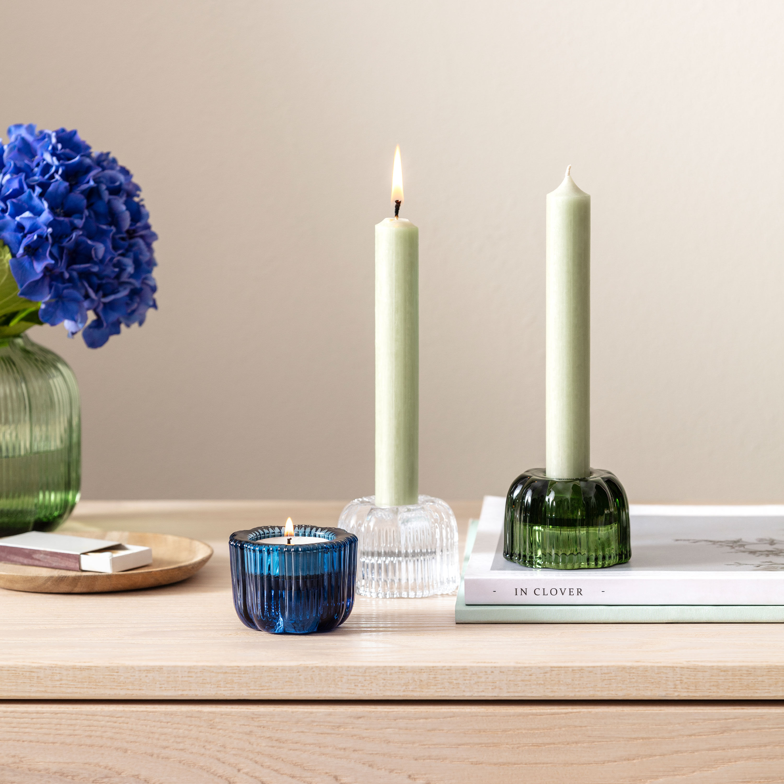 Fleur Candlestick holder - Green, 2.5'' x 1.8'', glass