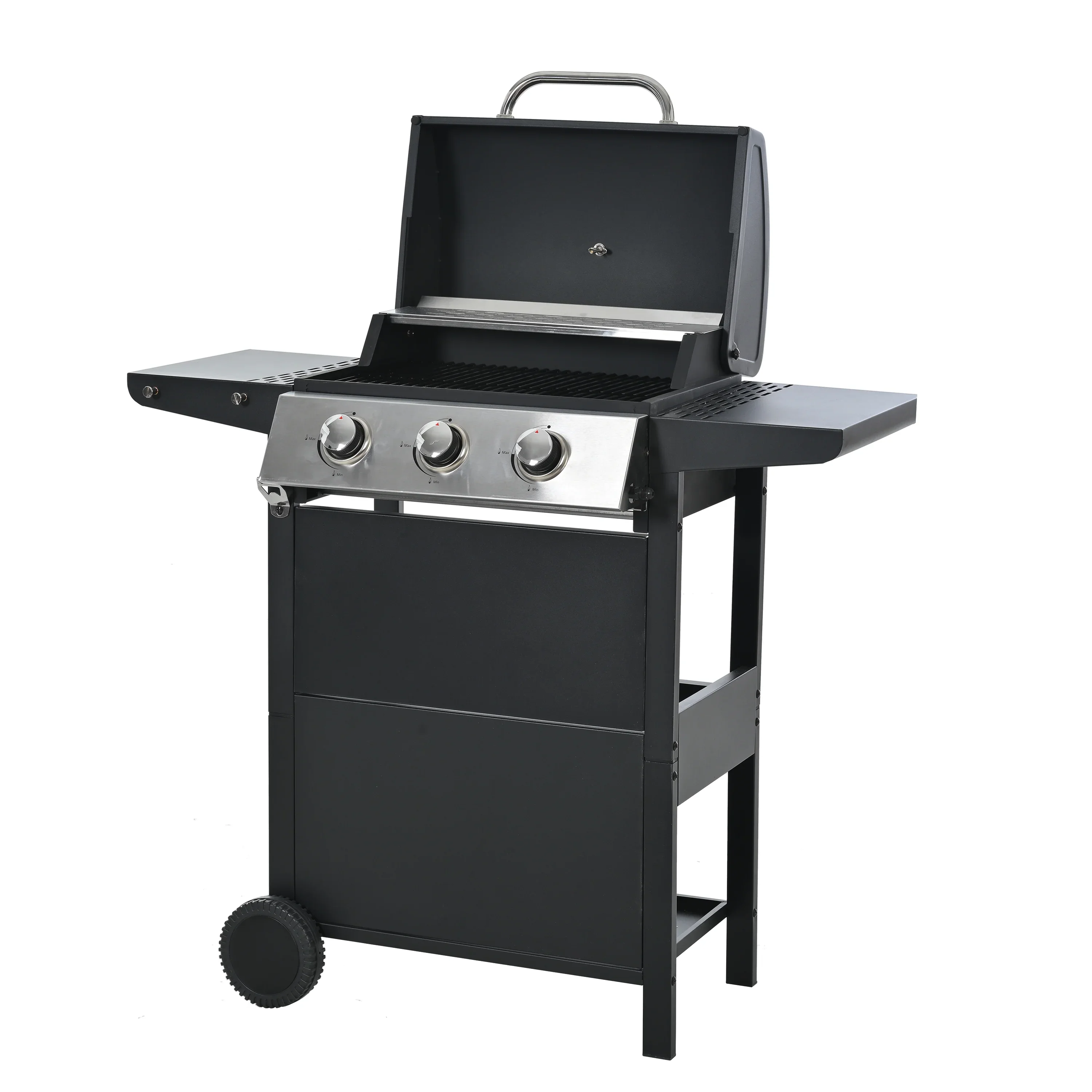 3 Burner BBQ Propane Gas Grill, Stainless Steel 30,000 BTU Patio Garden Barbecue Grill with Two Foldable Shelves