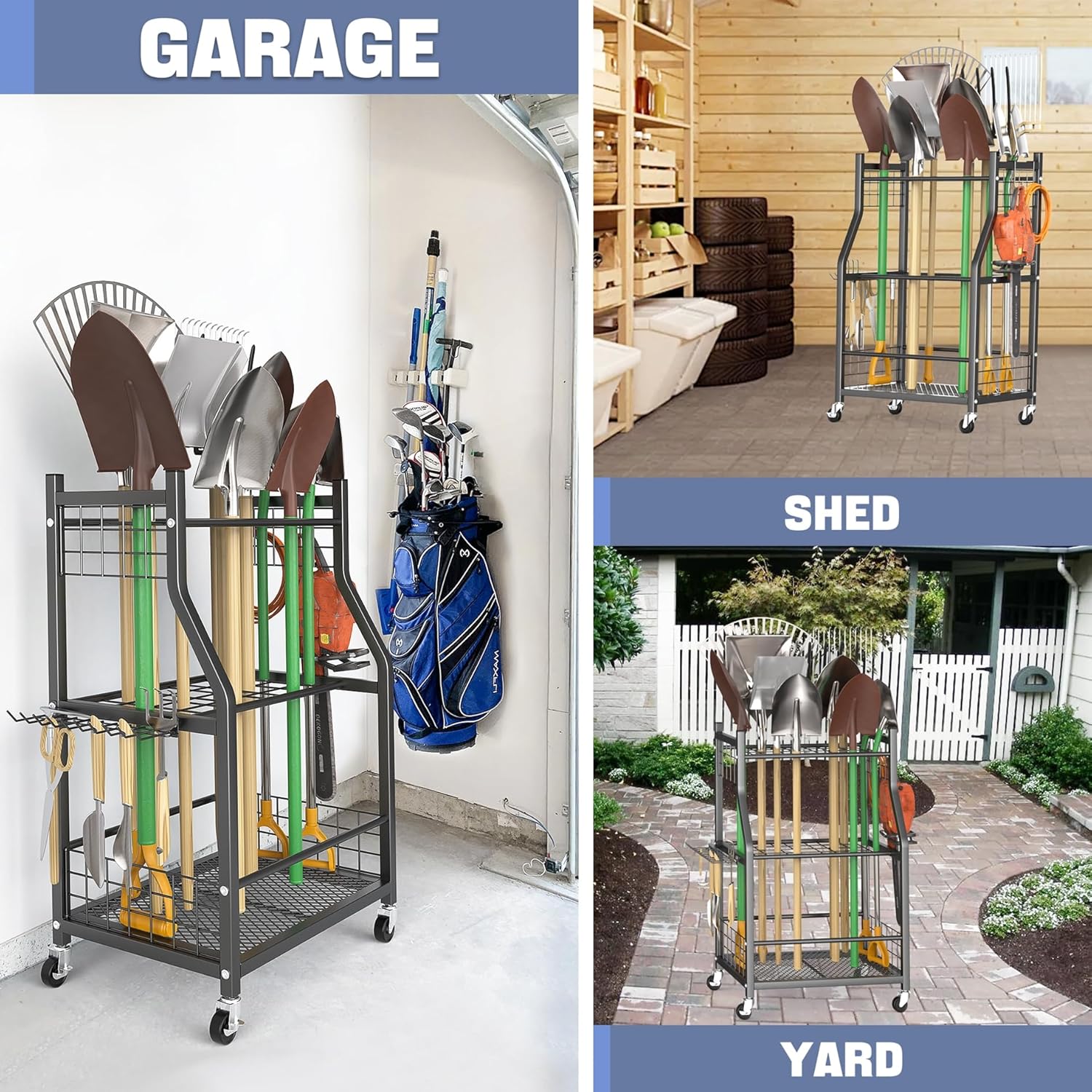 WALMANN Garden Tool Organizer with Wheels, Rakes/Shovels/Yard Tools Stand
