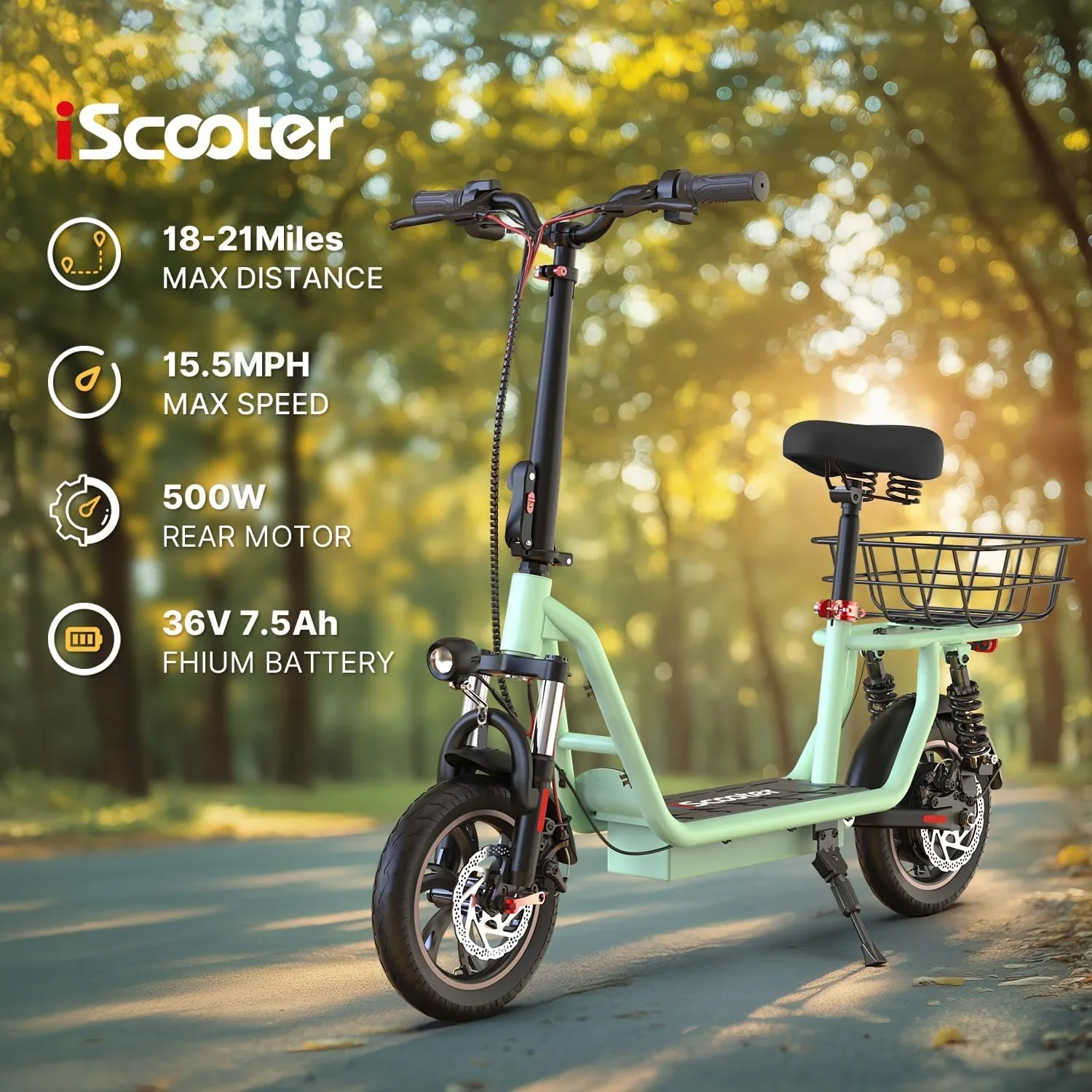 Trottinette électrique iScooter avec siège, vitesse maximale de 28/19/15,6 mph, double suspension