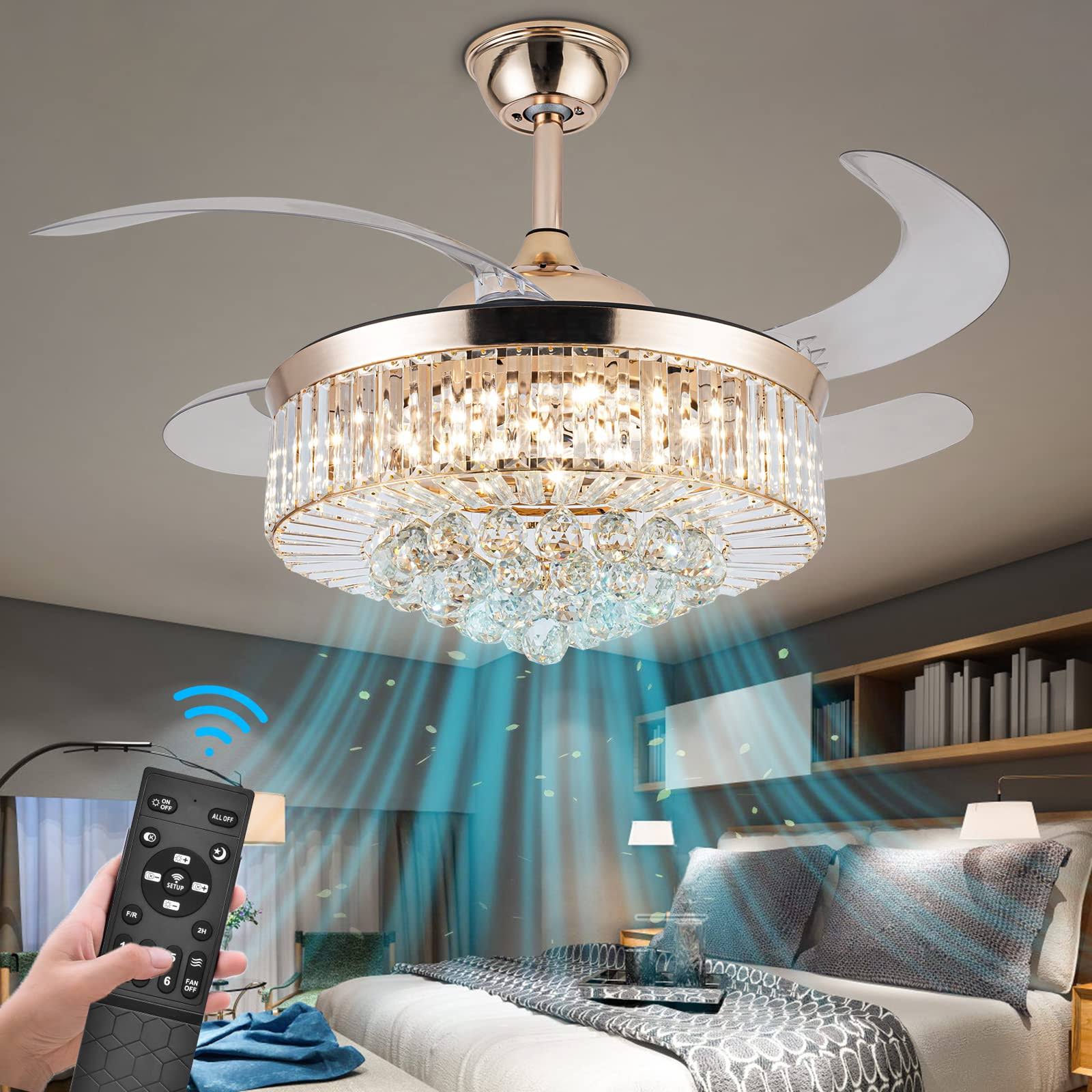 Crystal Ceiling Fan with Light,42 inch LED 3 Color Remote Control Retractable Invisible Blades 3 Speeds Indoor Ceiling Light Kits with Fans for