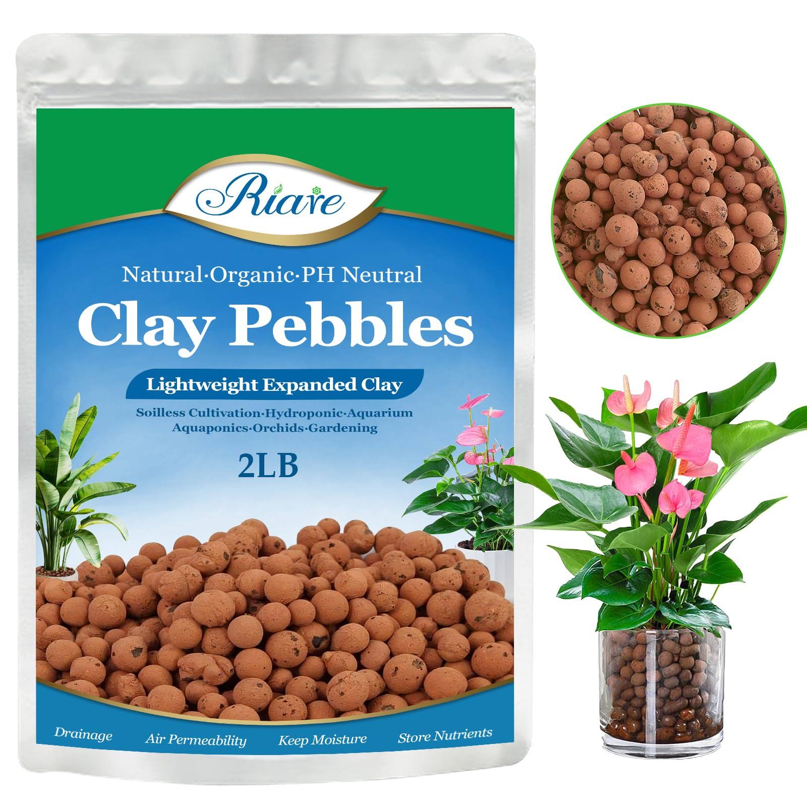 Riare 2 lbs Organic Expanded Clay Pebbles for Plants- 4mm-16mm Natural Leca Balls Lightweight Hydroponic Clay Pebbles aggregate for Indoor Plants,