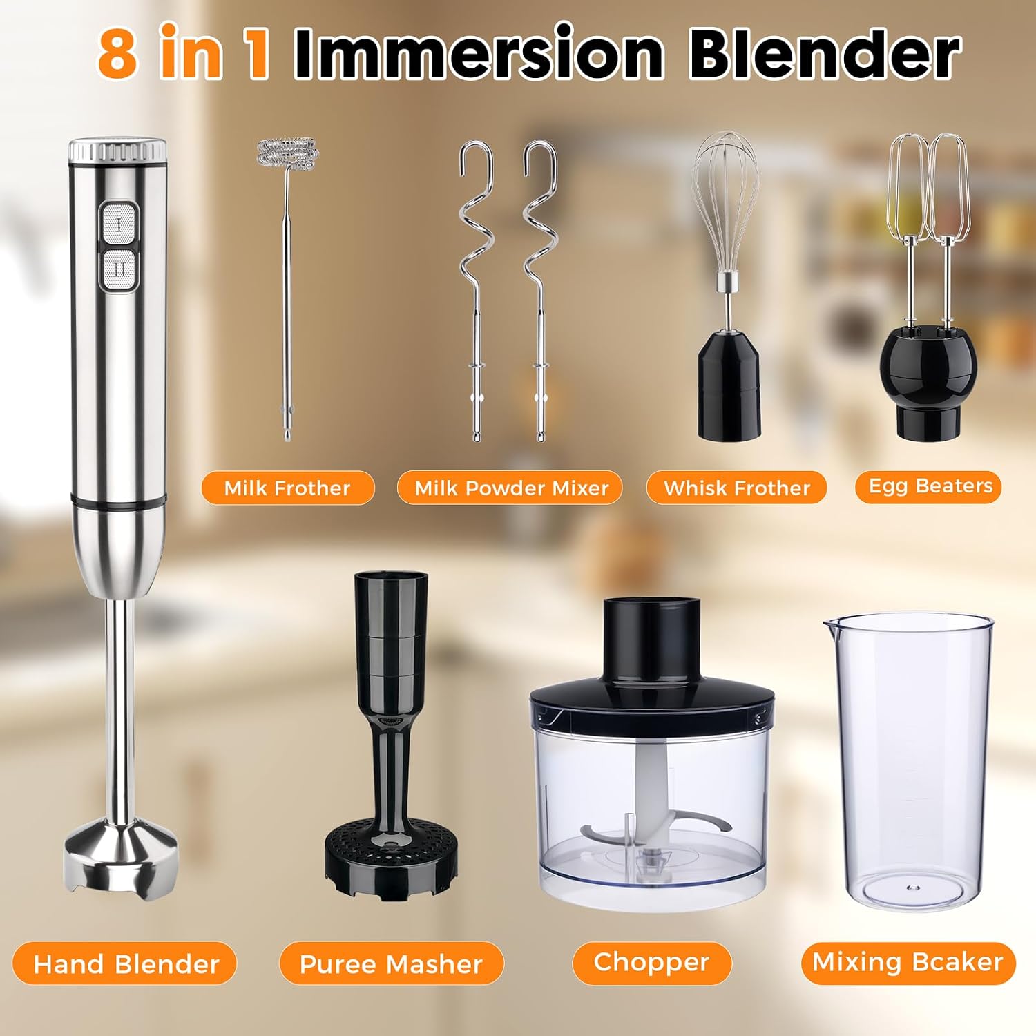 Immersion Blender Handheld 8 in 1 Hand Held Blenders Mixer Stainless Steel Electric Stick Beaker Chopper Milk Frother Grinder