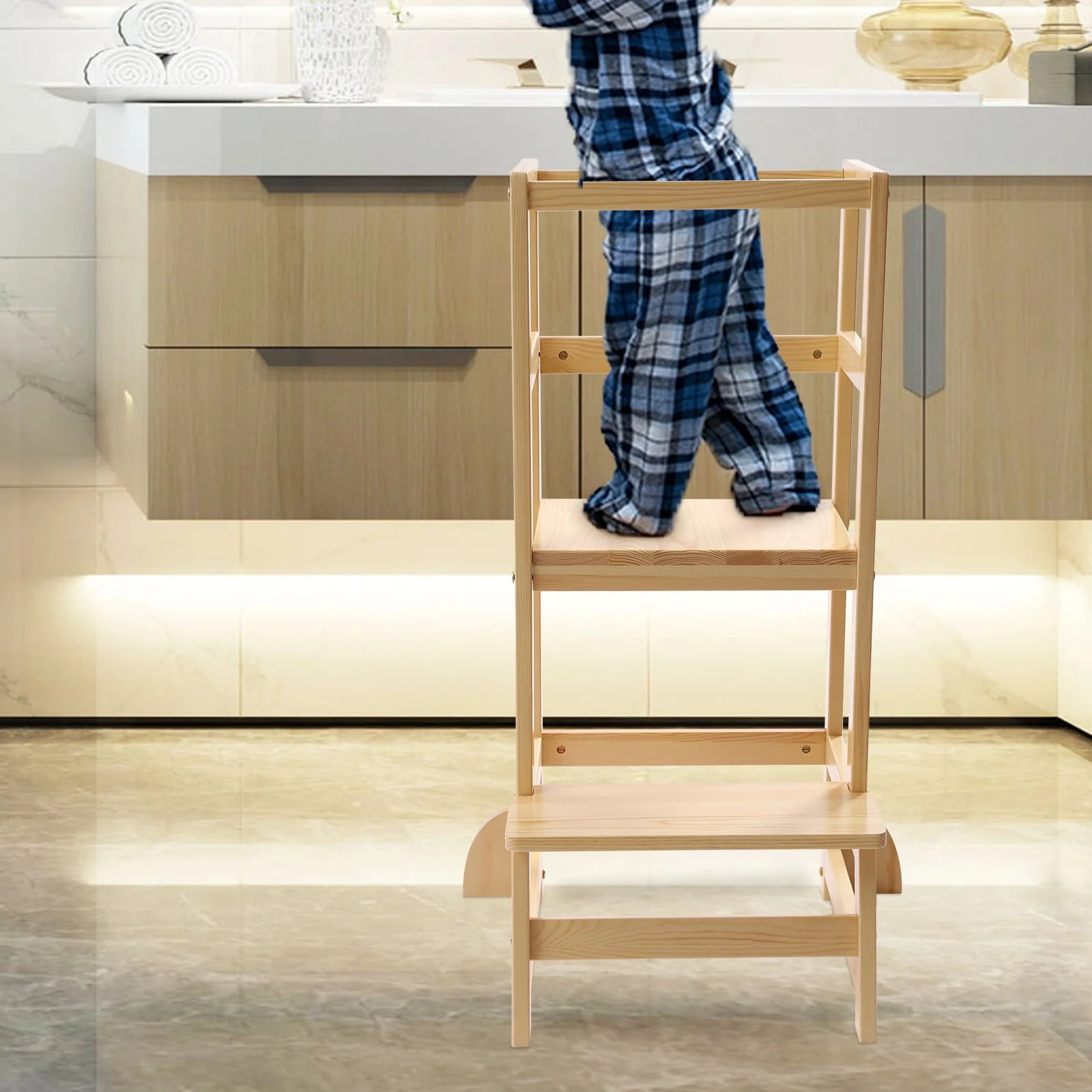 Kitchen Step Stool with Safety Rails Natural Image 2