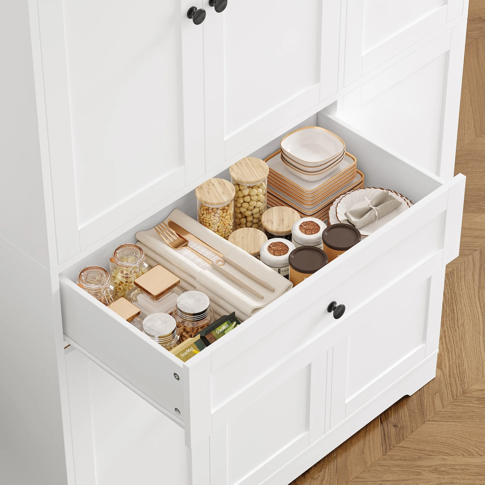 Kitchen Pantry Storage Cabinet, 68" Food Pantry Cabinet with Drawer and Door Shelf, 6 Door Freestanding Cupboard Buffet for Dining Room, White(White) - Image 6