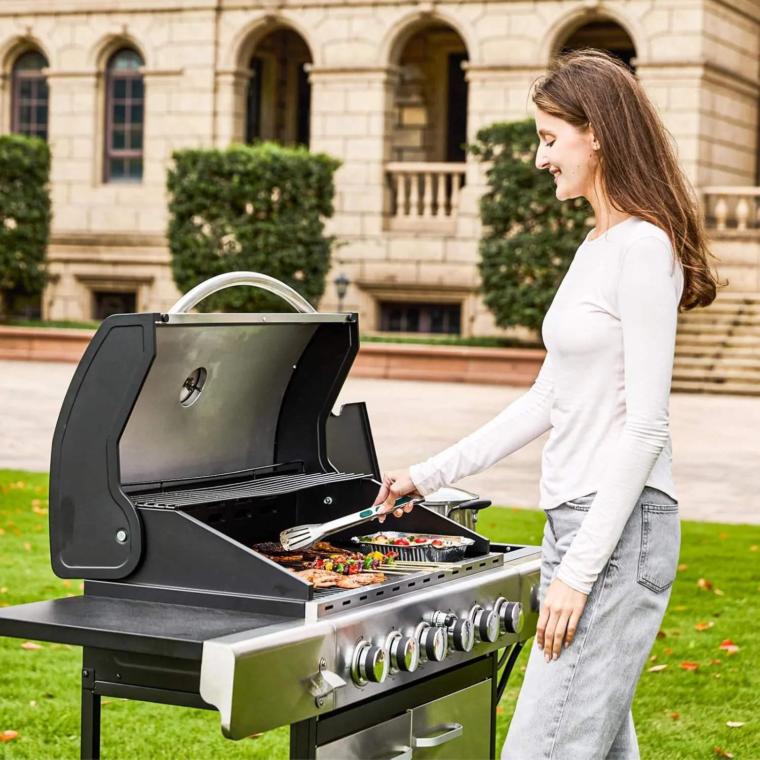 Upgraded 4 Burner Bbq Propane Gas Grill with Cast Iron Grates & Side Stove, 44,000 btu Stainless Steel Burner Barbecue Grill for Patio,…