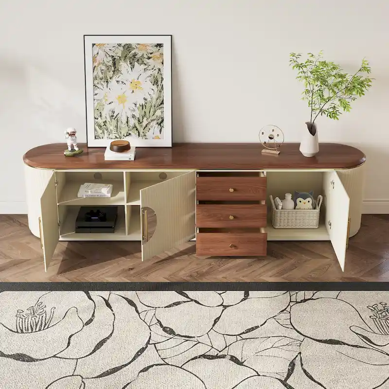 78.74-Inch TV Stand with Wood-Look Top, 5 Cabinets and 3 Drawers