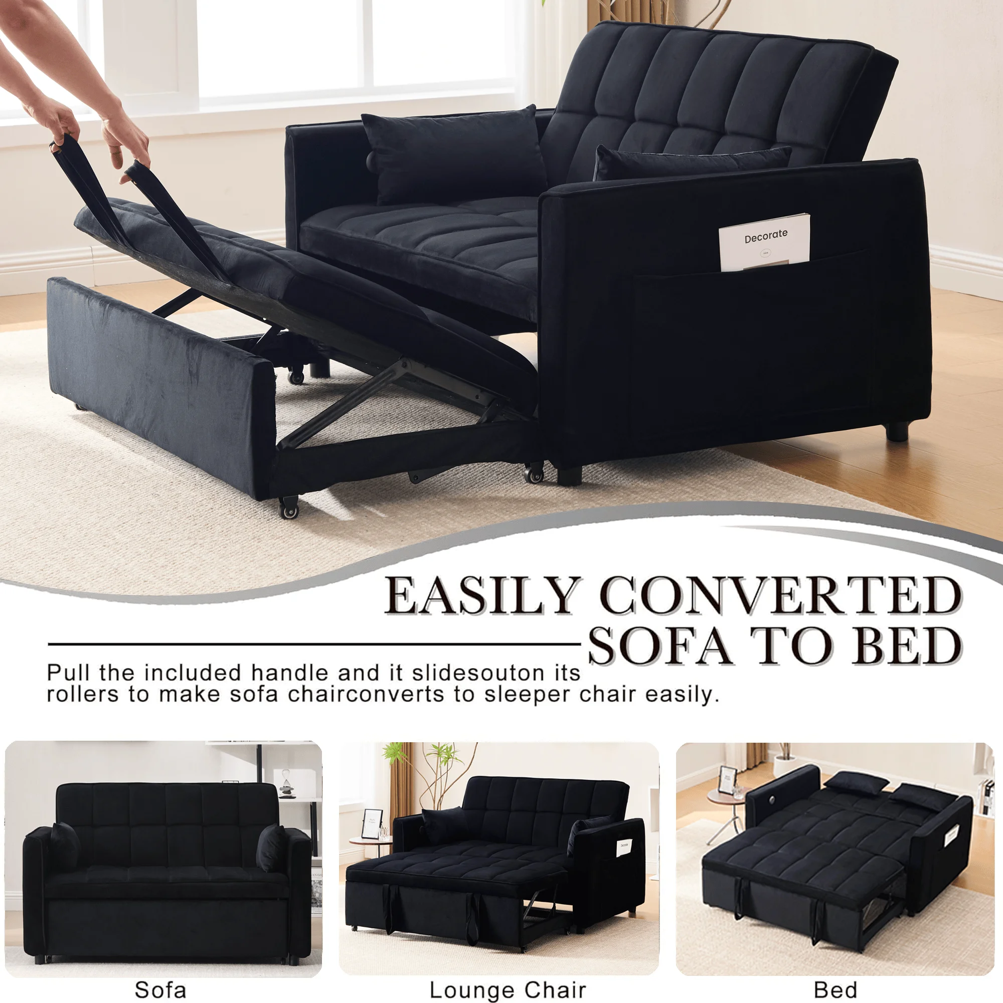 3-in-1 Convertible Sofa Bed �C USB Charging, Adjustable Backrest Pull-Out Couch Loveseat Sleeper for Living Room, Apartment Small Space,Black(Black-USB Charging Port) - Image 9