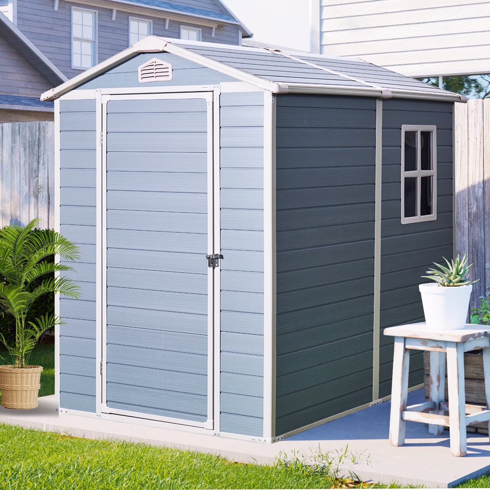 Shed and Outdoor Storage, 41 Cu.Ft Small Outdoor Resin Shed with 3 Doors Floor, 306GAL Deck Box Waterproof Plastic Tool Storage Shed for Cushion Lawn Mower Garbage Cans(Gray) - Image 7