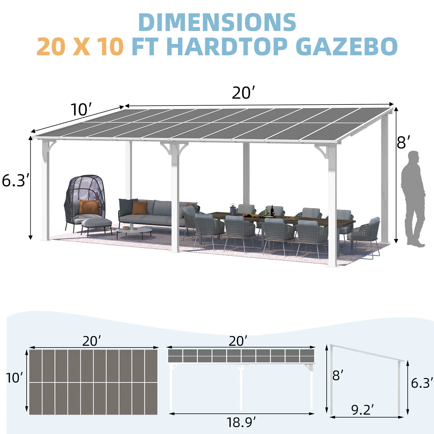 AECOJOY 20'x10' Wall Mounted Gazebos Pergola, White