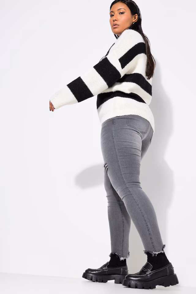 Distressed Fringed Hem Elastic Waist Skinny Jeans