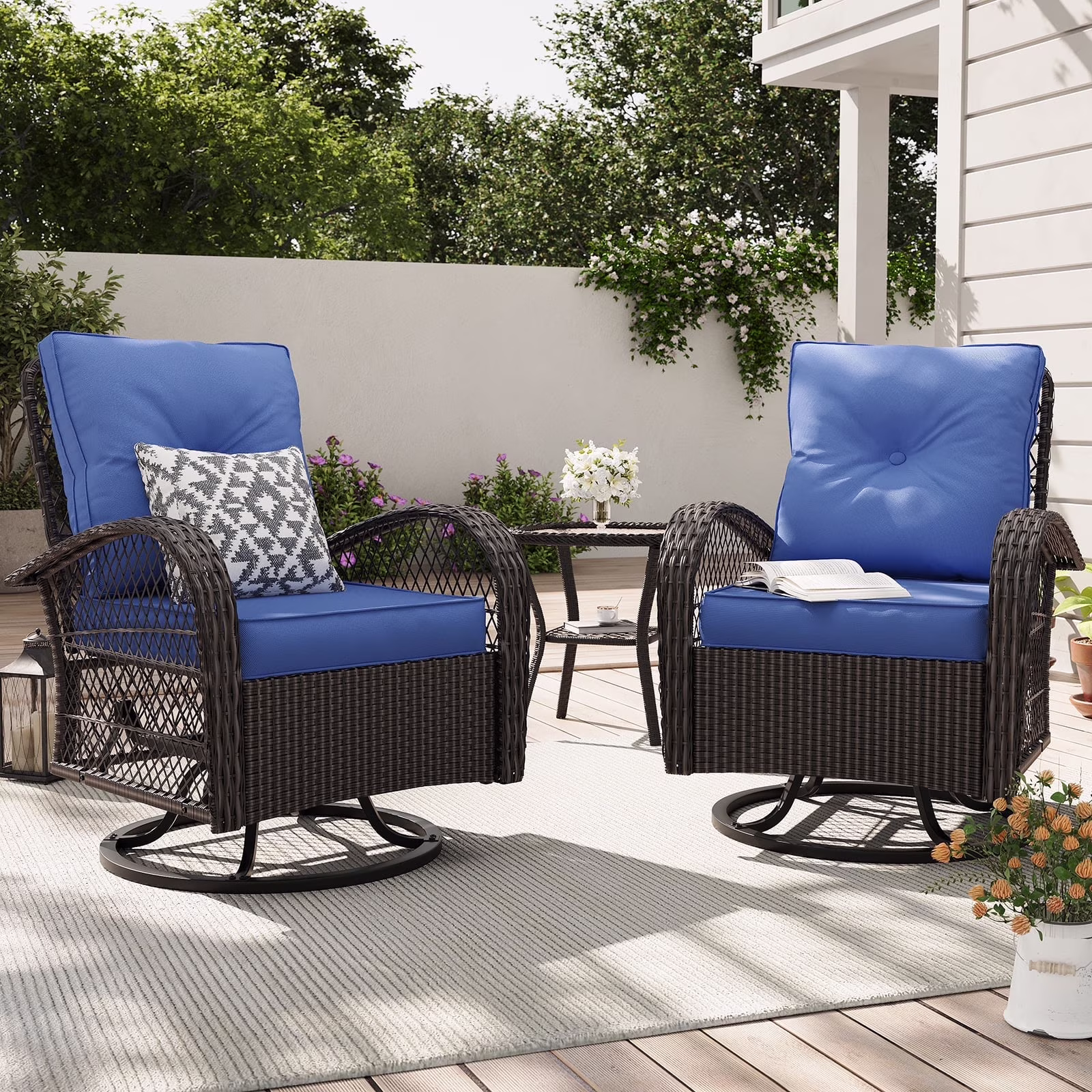 ELPOSUN 3 Pieces Patio Furniture Set, Outdoor Swivel Gliders Rocker, Wicker Patio Bistro Set with Rattan Rocking Chair, Glass Top Side Table and Thickened Cushions for Porch Deck Backyard