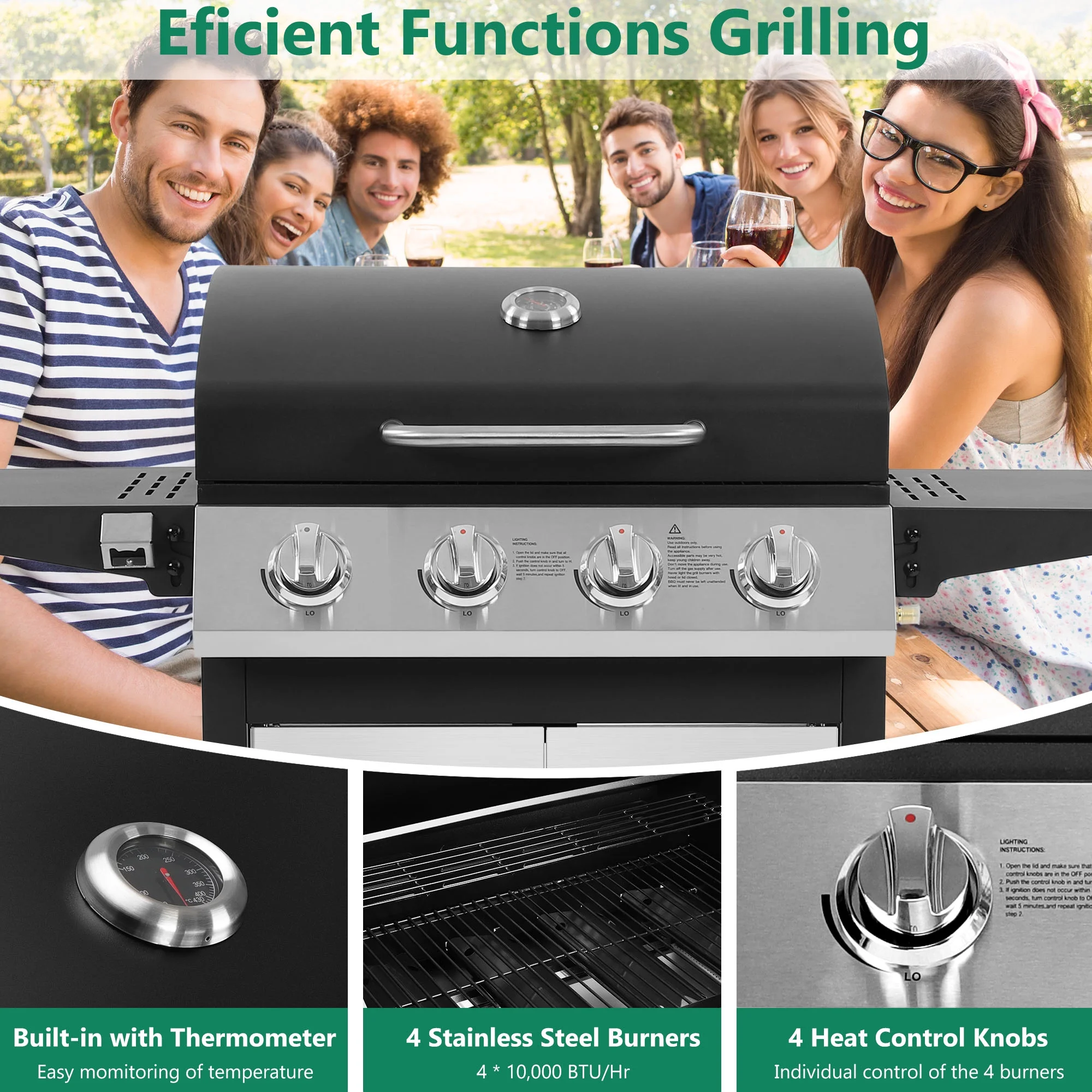 4-Burner Gas Grill with 4 Universal Wheels Bottle Opener, 40000BTU Outdoor Grill with Side Table for Camping, Black Sliver(4-Burner (40000 BTU)) - Image 6