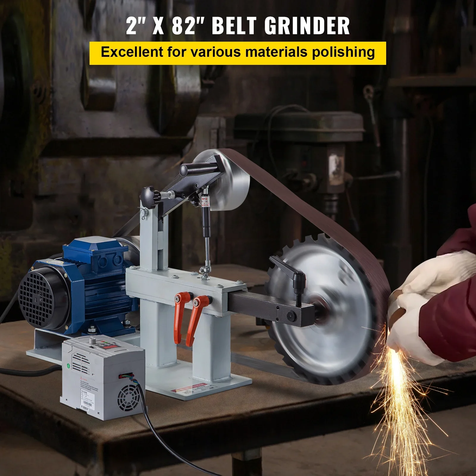 KFFKFF 1500W 2HP Metalworking Belt Sander Grinder, 2 x 82 Adjustable Speed, 3-in-1 Sander Polisher with 3 Grinding Moulds & Flat Platen Tool Rest, Ideal for Knife Crafting