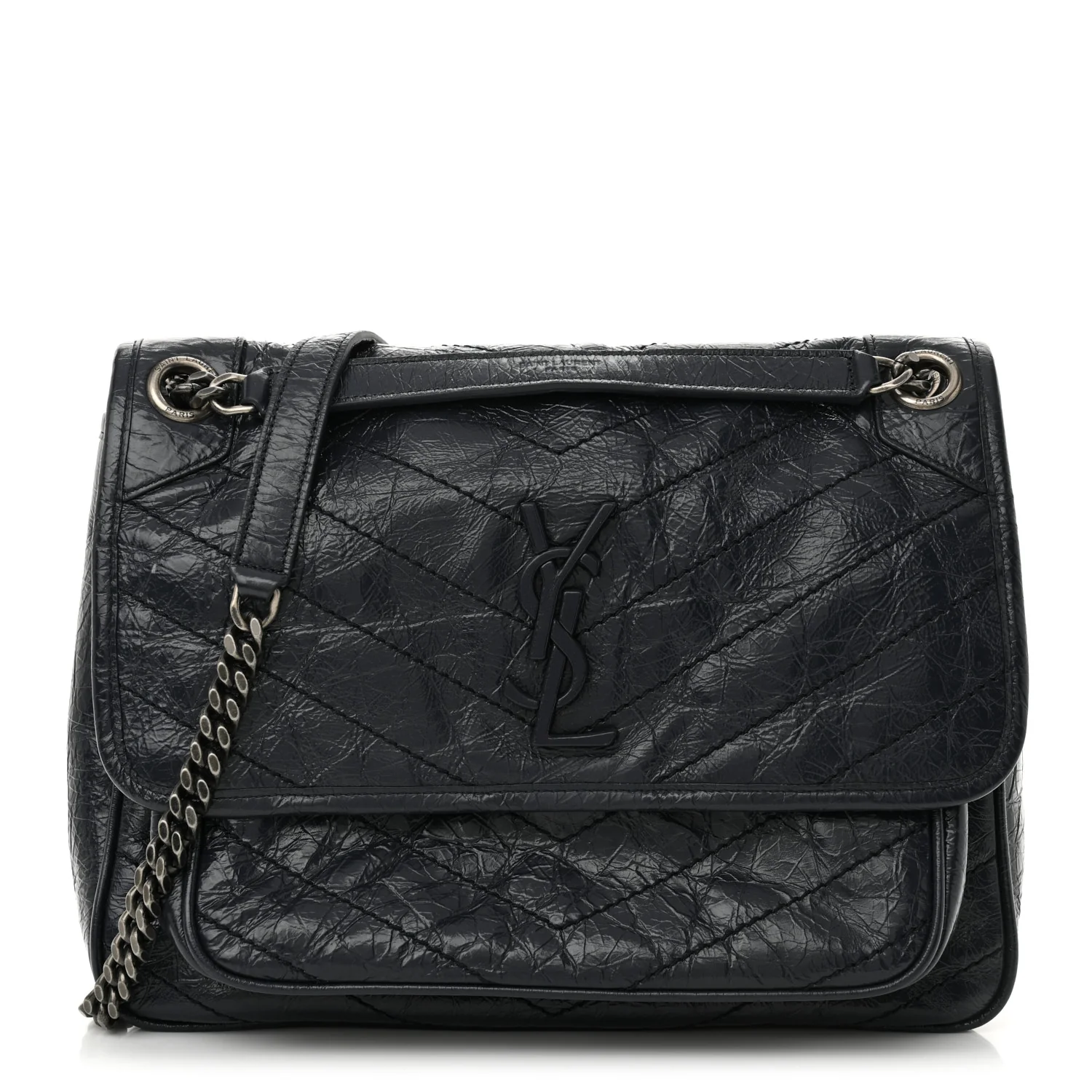 Crinkled Calfskin Matelasse Monogram Medium Niki Chain Satchel Deep Marine