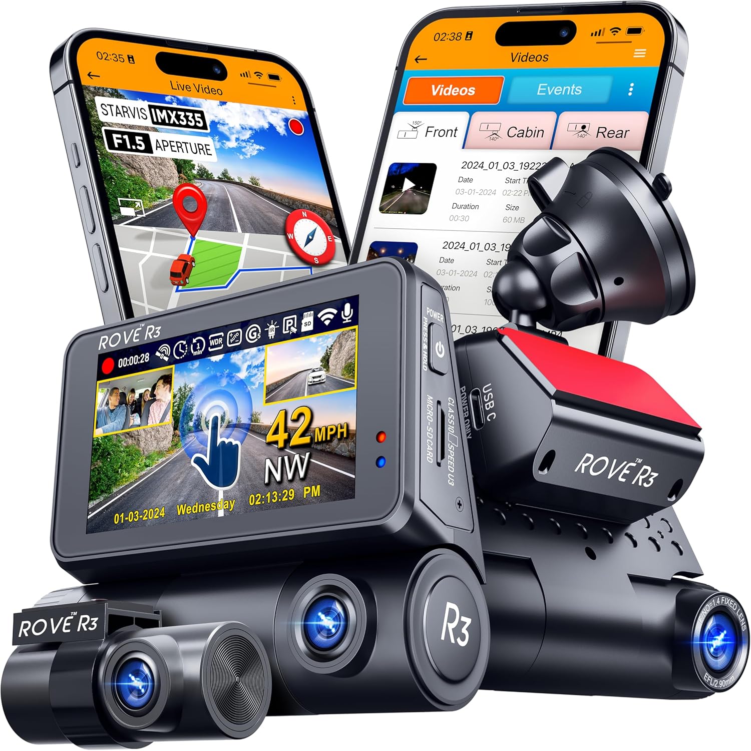 ROVE R3 Dash Cam Front and Rear with Cabin  3” IPS Touch Screen  3 Channel Dash Cam 1440P+1080P+1080P  IR Night Vision  5GHz WiFi  Up to 30MB/s Download Speed  Quad-Mode GPS  Supports 512GB Max