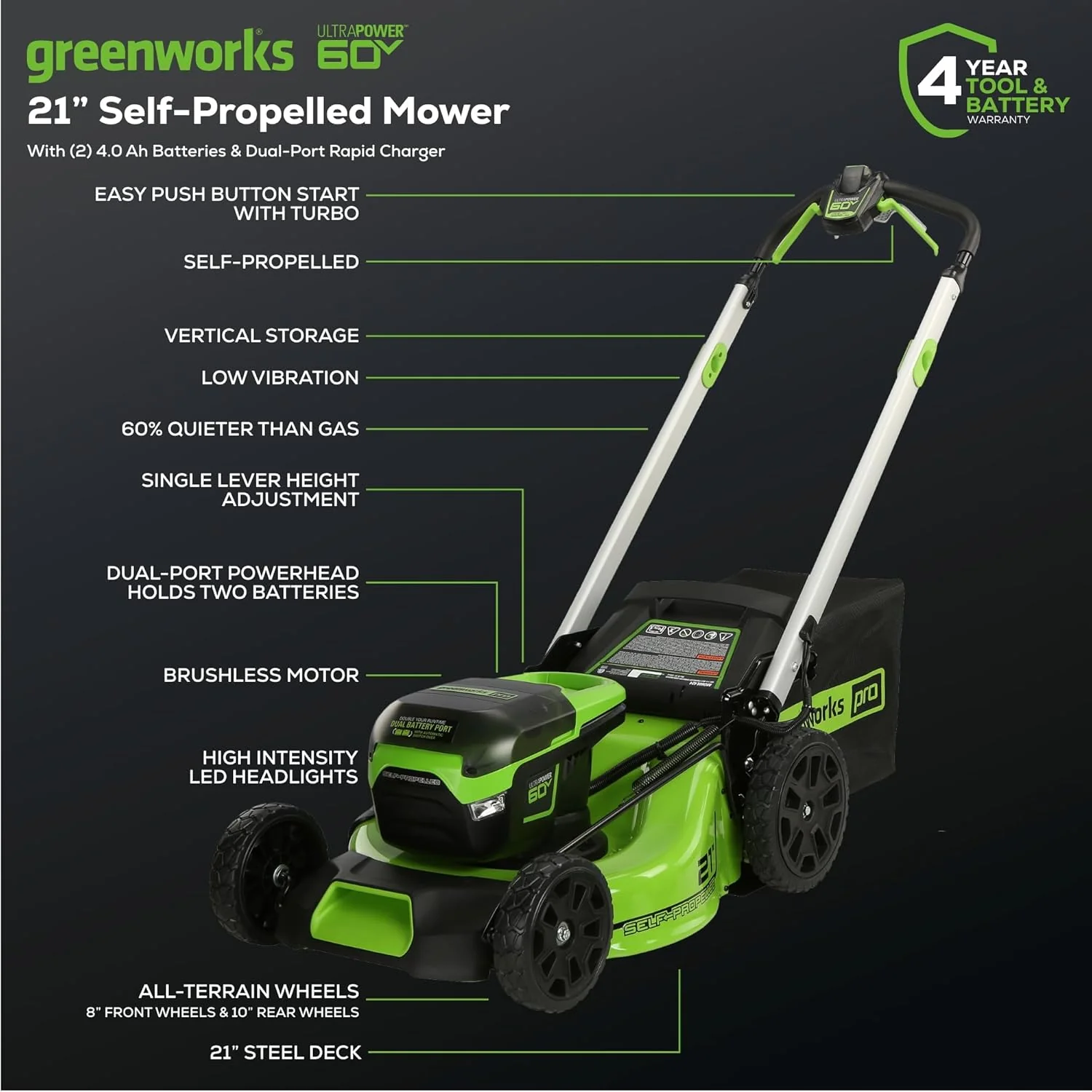 Tondeuse à gazon sans fil 60 V 53 cm (autotractée), 2 batteries 4,0 Ah et chargeur rapide double port