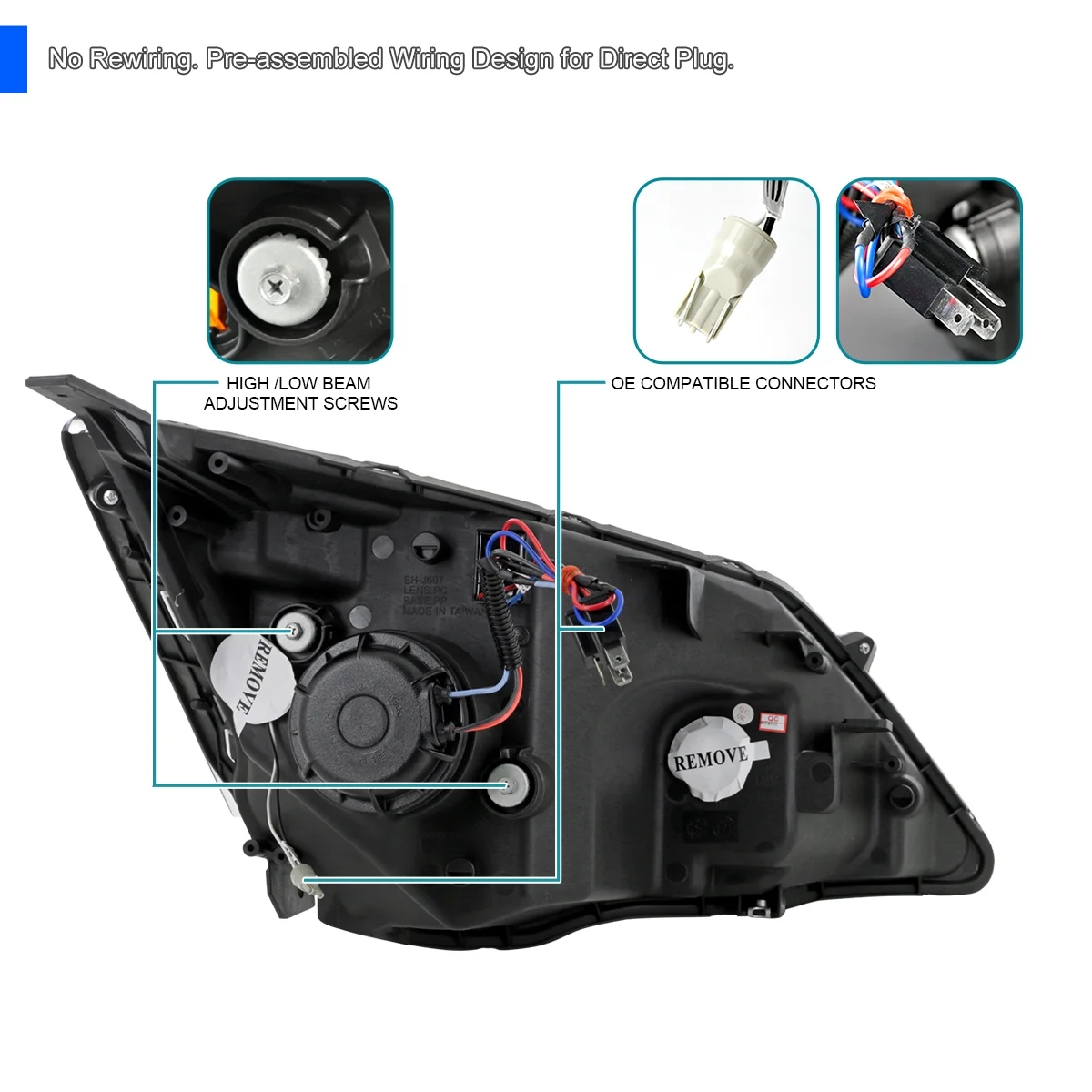JDM Glossy Black Smoke LED Projector Headlights Compatible with 2007-2011 Honda CR-V, Left + Right Pair Headlamps Assembly(Glossy Black Housing Smoke Lens) - Image 6