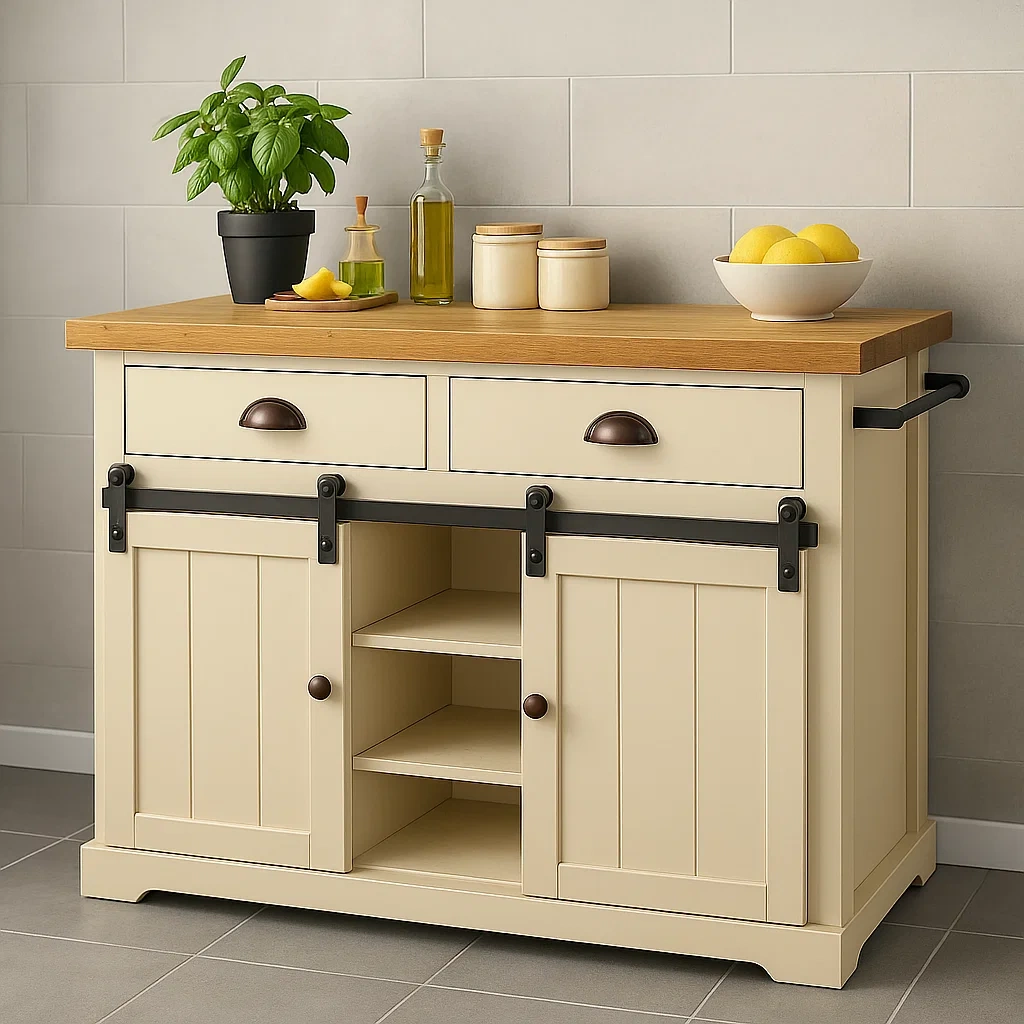 Kkken, rektangulr, lavet af MDF-tr, cremefarvet, med trbordplade, 2 skuffer, skydedre og centrale hylder, ml 110 cm lang, 45 cm bred, 90 cm hj, til almindeligt kkken - pdHLcFwdvYzS