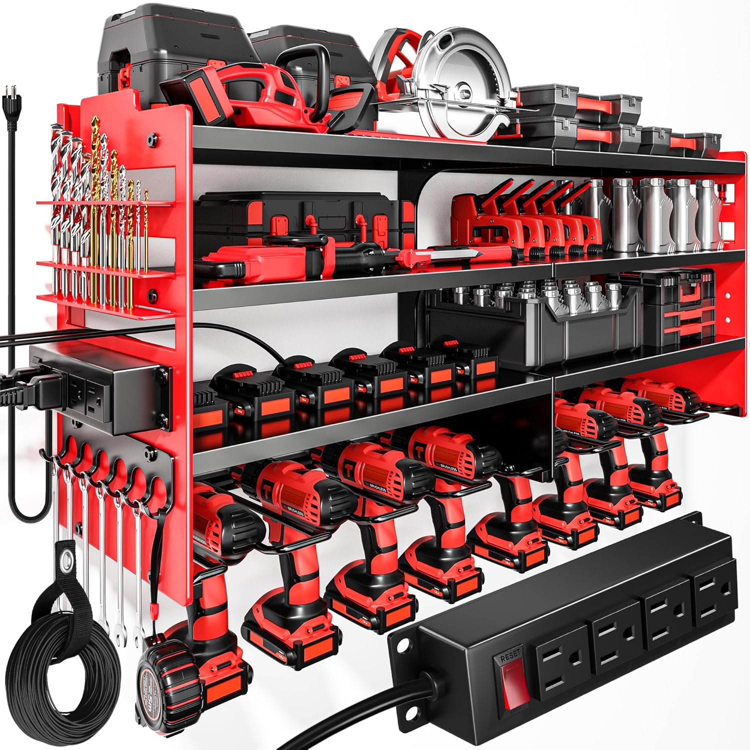 POKIPO Large Power Tool Organizer Wall Mount with Charging Station, 4 Layer Heavy Duty Metal Tool Storage Shelf Supports 600lbs, Battery Utility Rack with 4 Outlet Power Strip and 8 Cordless Drill Holders