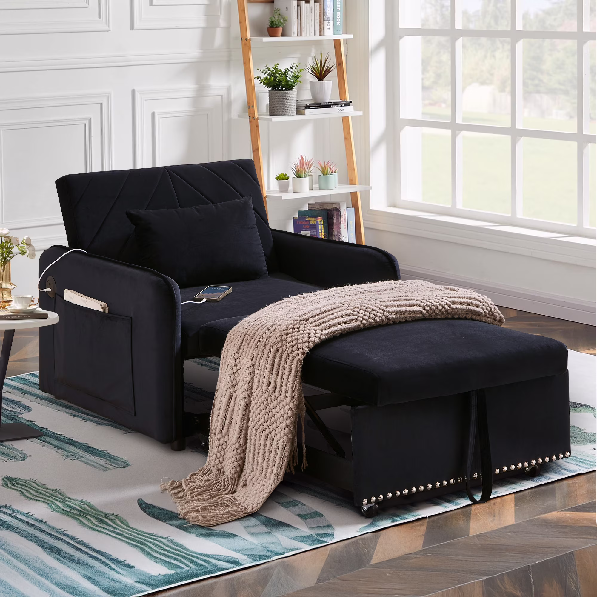 3-in-1 Convertible Sleeper Chair Bed, Indoor Lounge Chair with USB/Type-C Charging Ports, Modern Recliner Sofa for Living Room, Gray Velvet(Gray) - Image 3