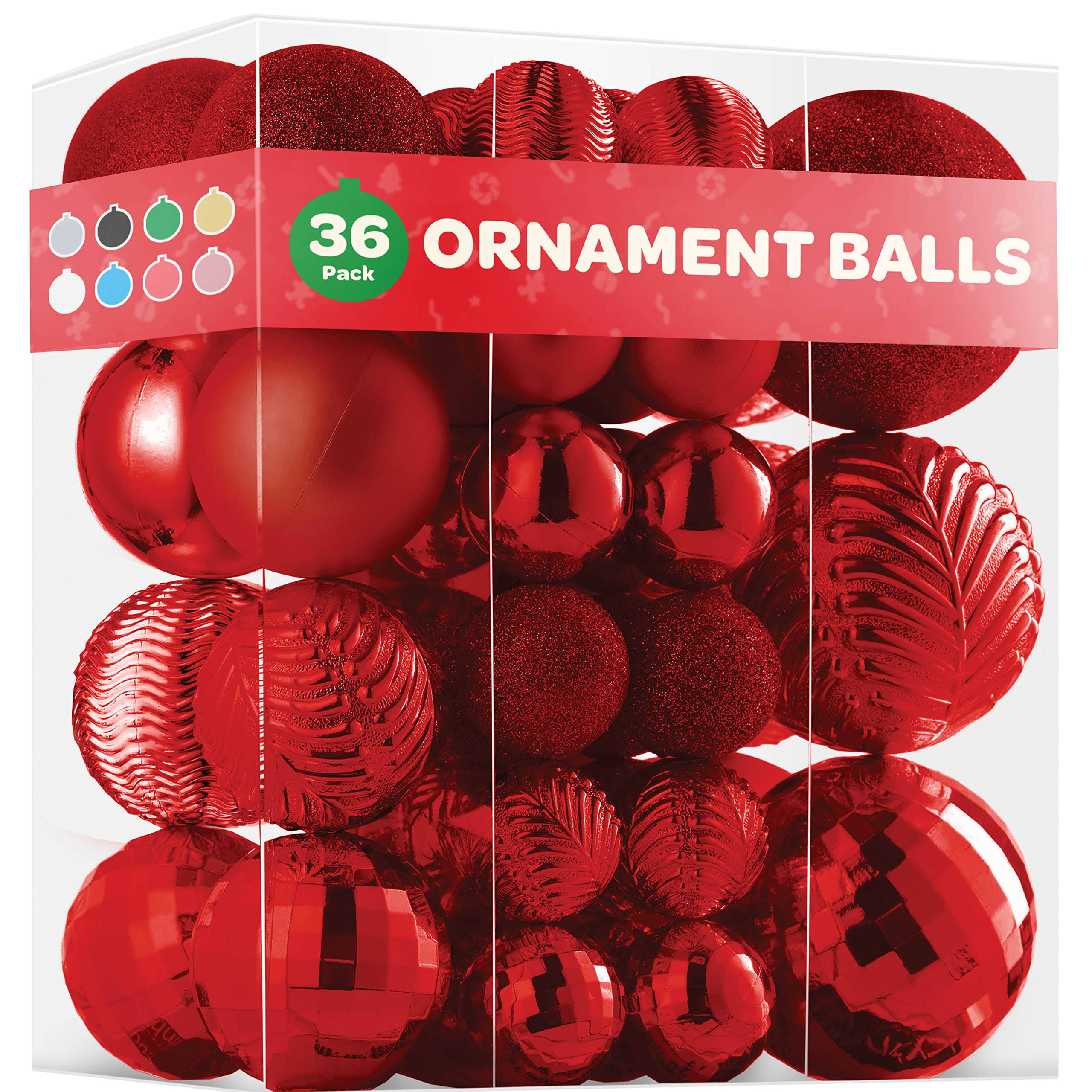 Christmas Ornaments Set of 36 - Beautiful [Wine-Red] Christmas Tree Decorations Ornaments Set - 6 Style Christmas Ball Ornaments - Shatterproof