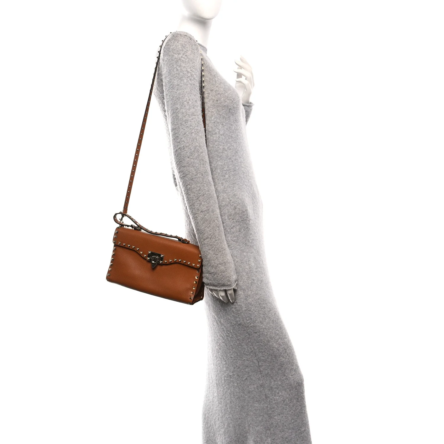 Pebbled Calfskin Rockstud Flip Lock Top Handle Bag Cognac