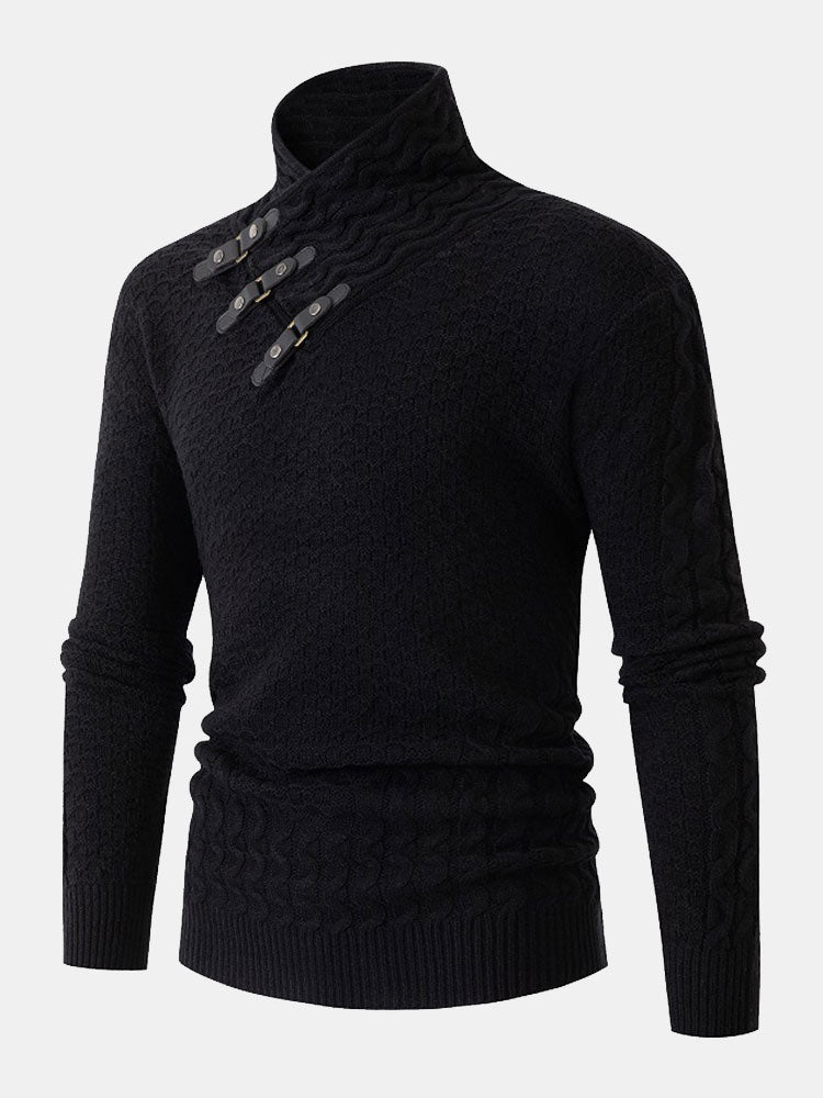 Pull à col roulé en maille jacquard avec boucle en cuir