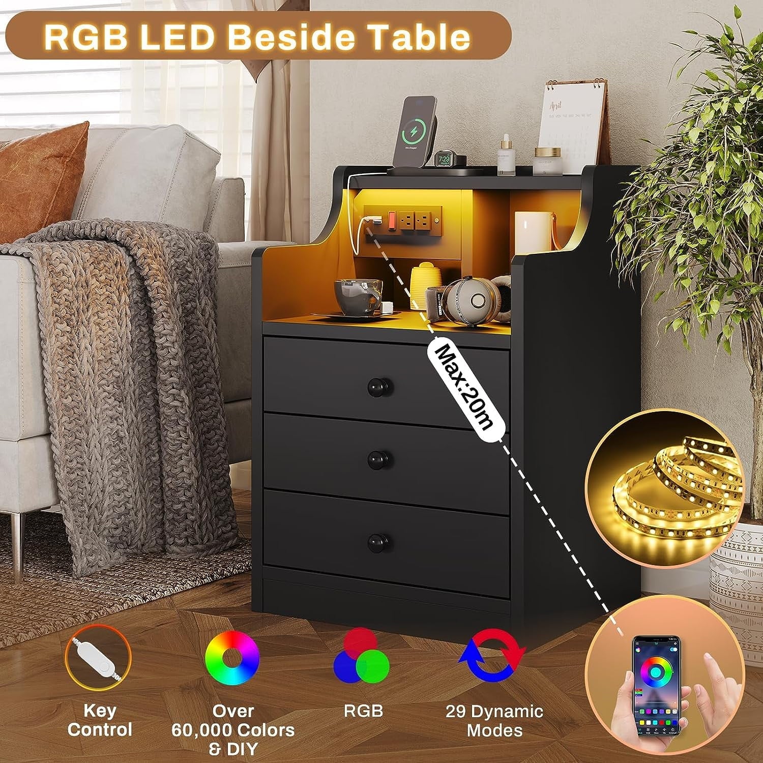 Nightstand with 3 Drawers and Shelves,Night Stand with LED Lights and USB Port Charging Station,LED Bedside Table with Hutch,Black(Black) - Image 2