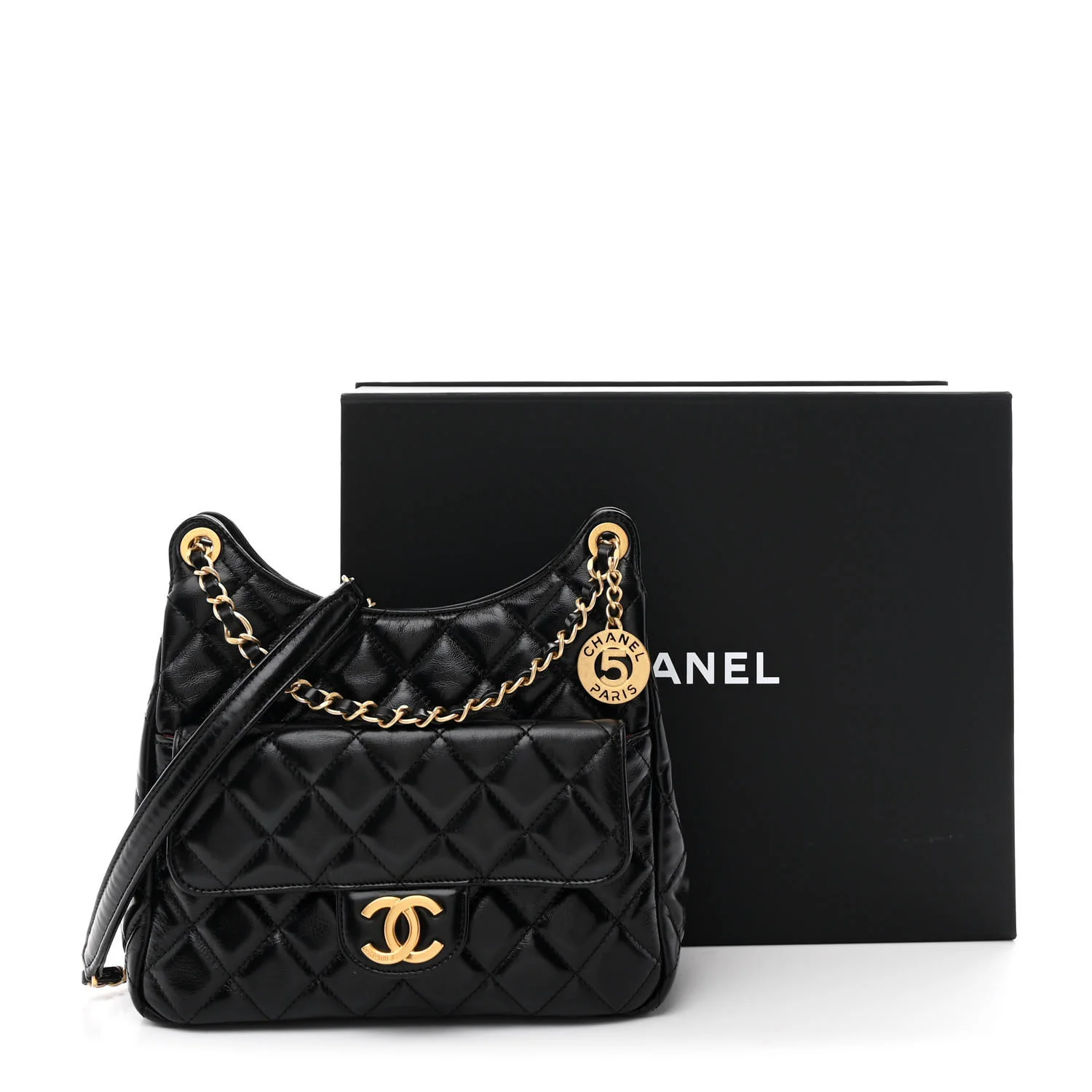 Shiny Crumpled Calfskin Quilted Wavy CC Hobo Black