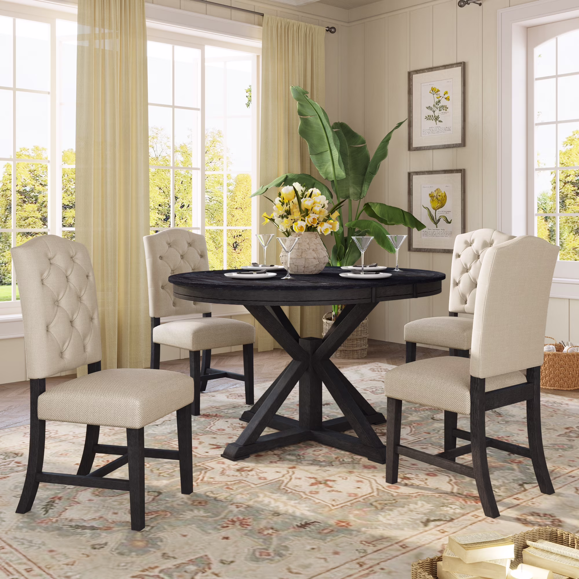 Farmhouse Extendable Round Kitchen Dining Room Table Set with Upholstered Chairs of 4, 5 Piece Round Dining Table Set with Extendable Table, Espresso(Brown)
