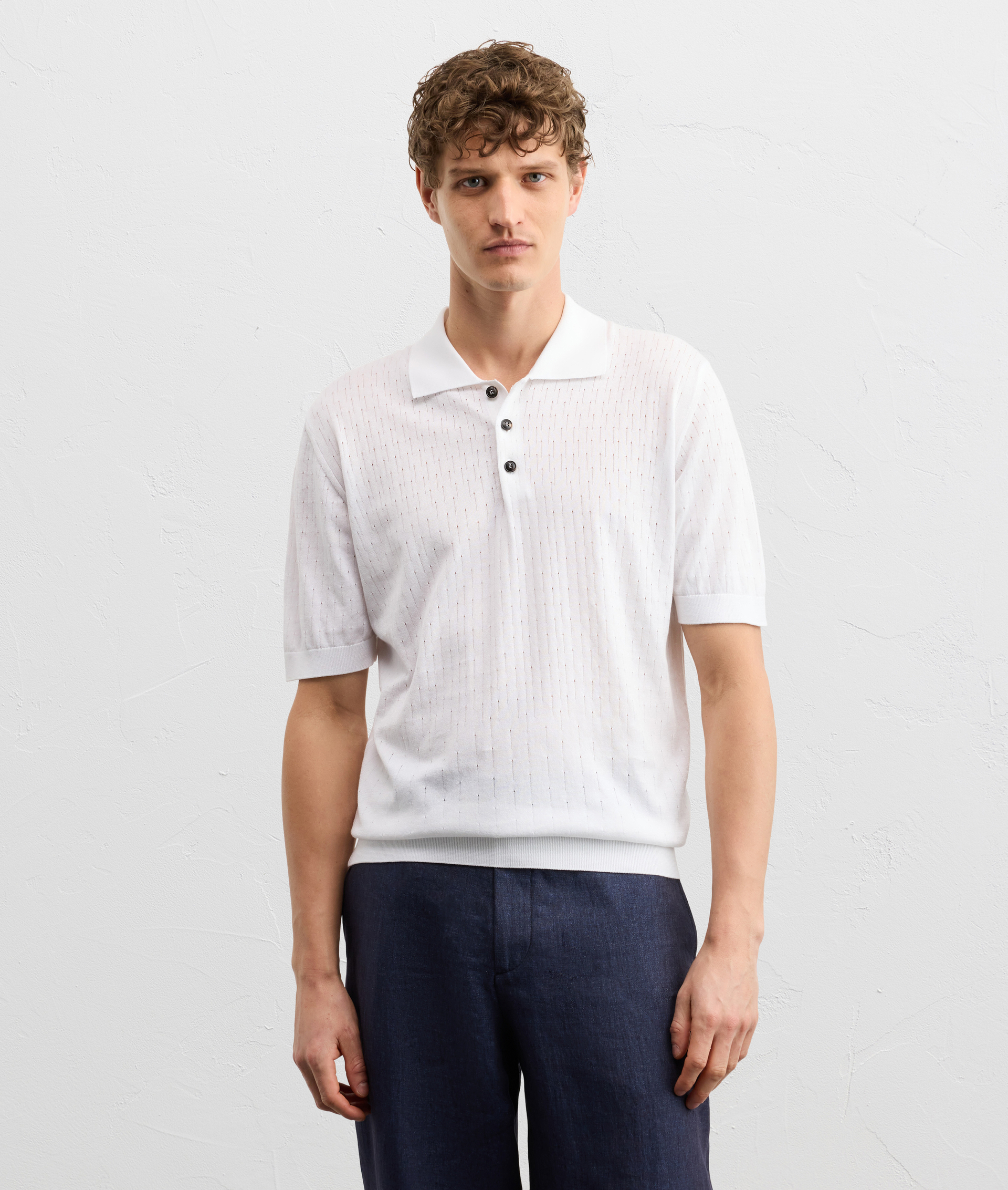 WHITE COTTON KNIT SHORT SLEEVED POLO SHIRT WITH BUTTONS