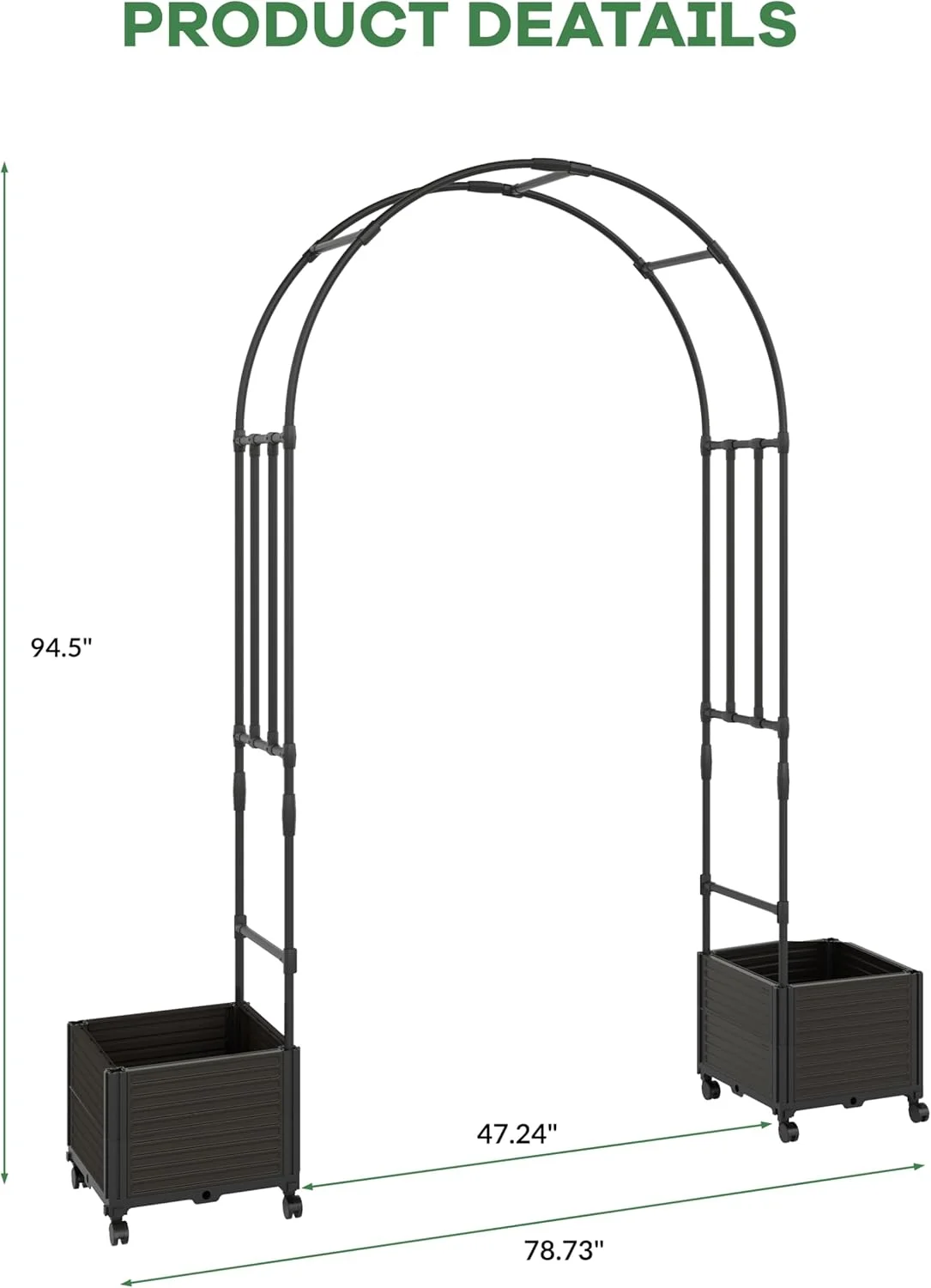 Garvee Metal Garden Arch Trellis for Climbing Plants, 2 Raised Planter Box, 78.73*15.74*94.5, Black