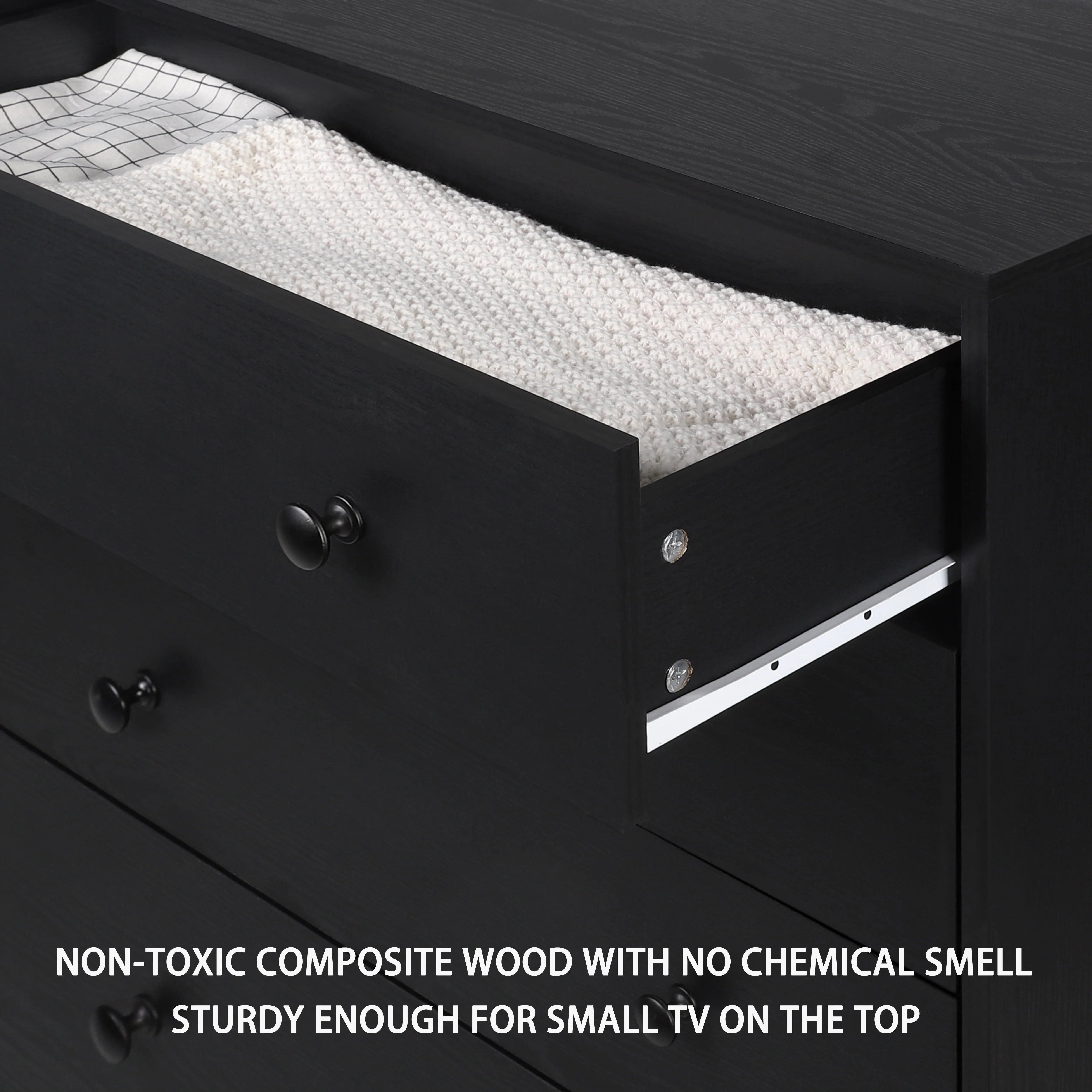 VEIKOUS 5 Drawer Dresser Chest of Oversized Natutal Wood Dresser Cabinet for Storage, Black(Black/5 drawer) Image 7