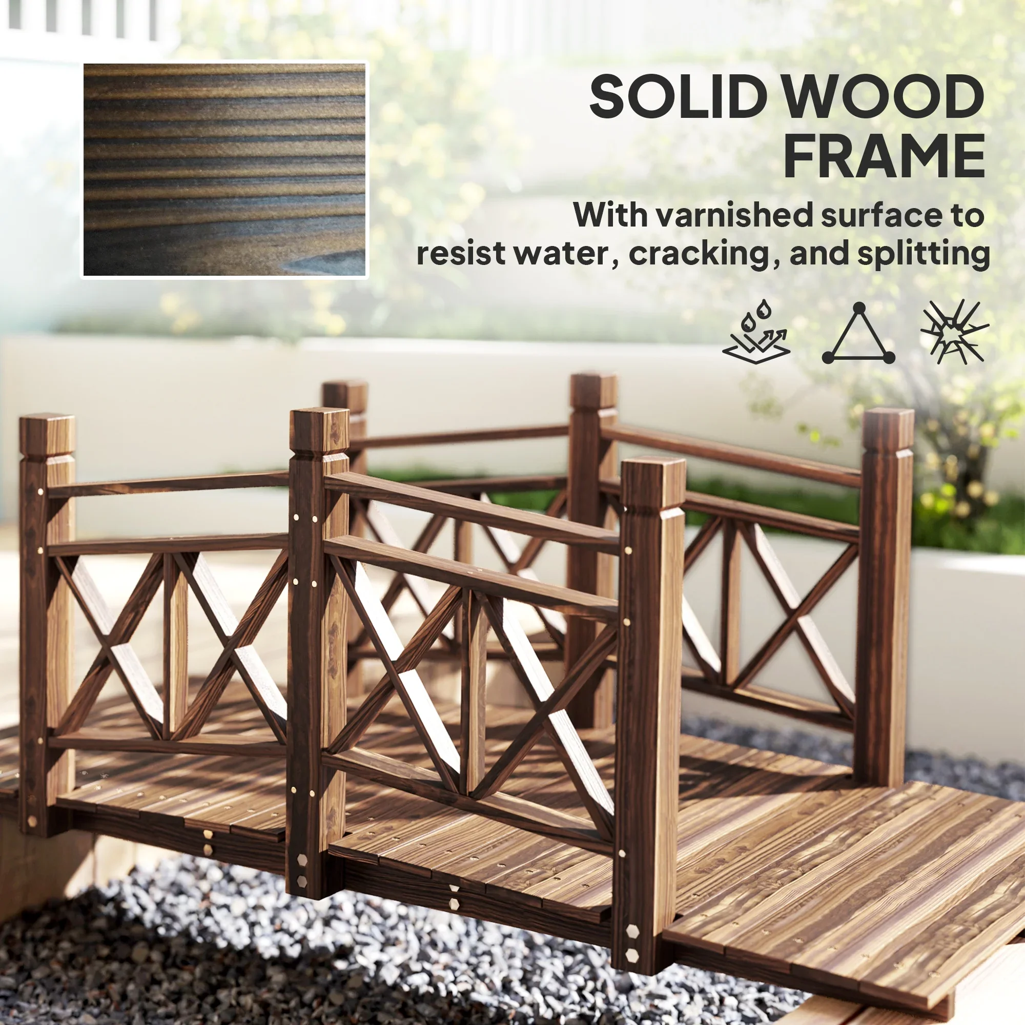 QISHENSHUI 5 ft. Sturdy Natural Wood Garden Bridge �C Premium Timber Construction with Solid Safety Handrails for Backyard Paths, Small Ponds & Garden Water Features, Carbonized