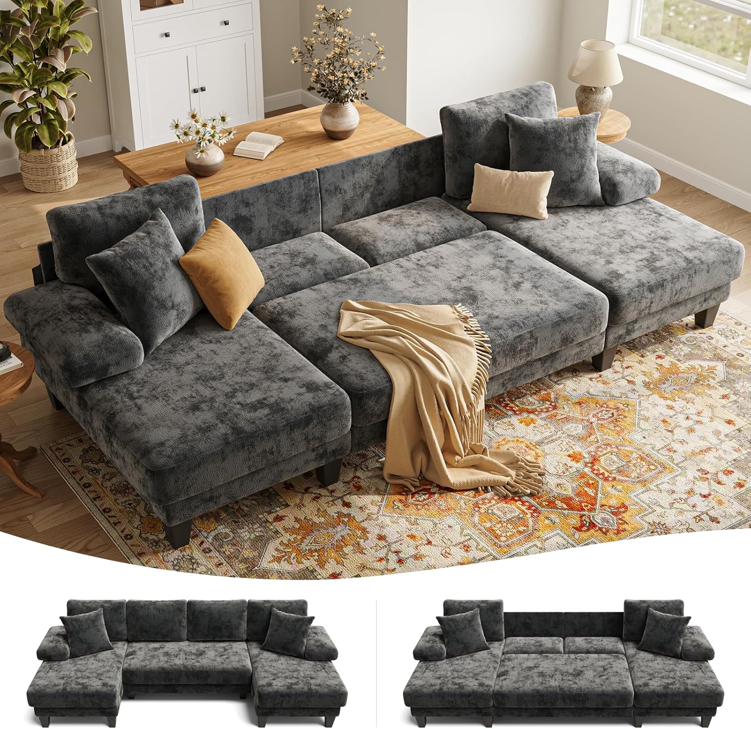 Txtin's Sleeper Sofa with Pull Out Couch Bed | 112 Inch Couches for Living Room | U-Shaped Convertible Sofa Bed | Chenille Dark Grey