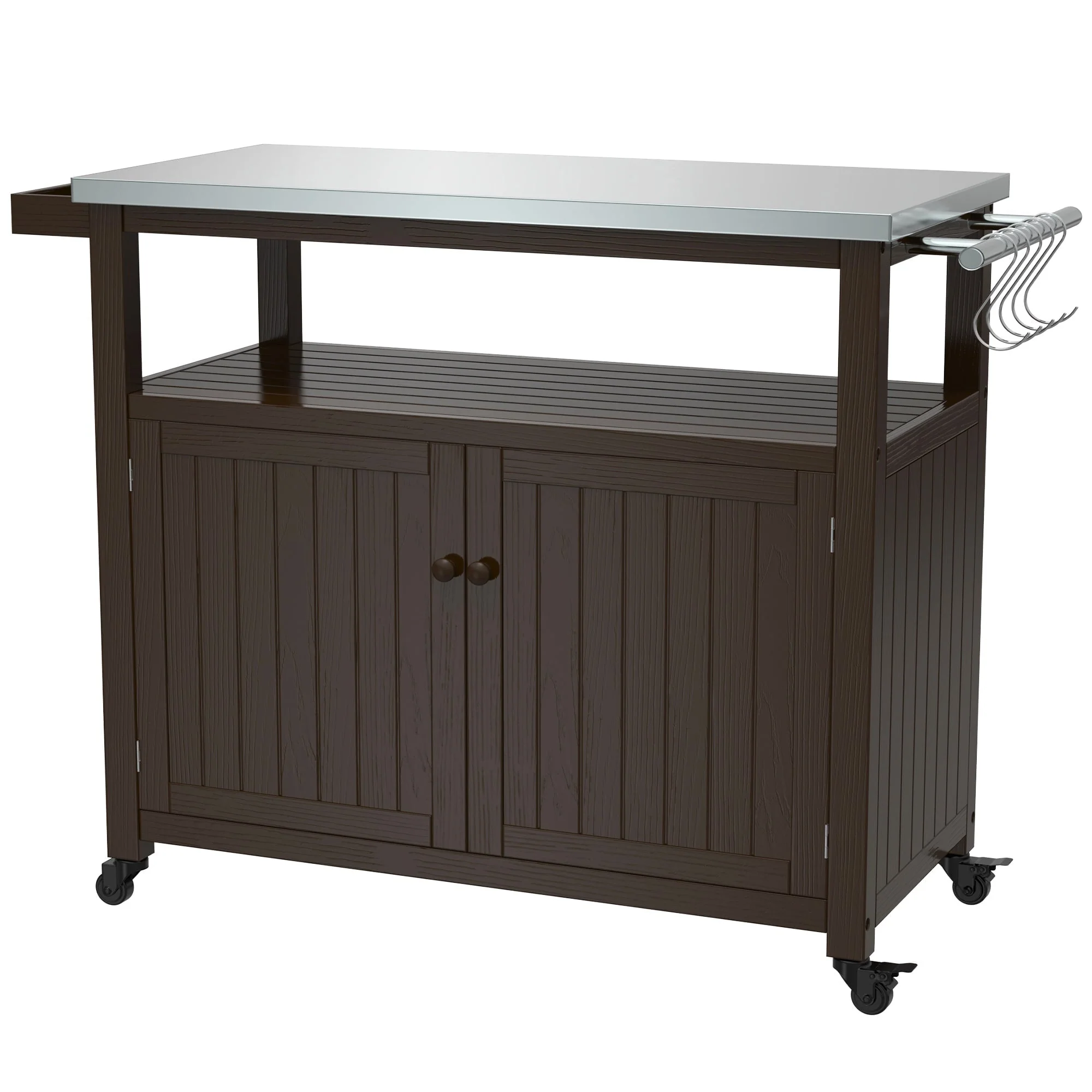 Outdoor Prep Table Grill Station, Solid Wood Movable Dining Cart Table, Dark Brown Image 9