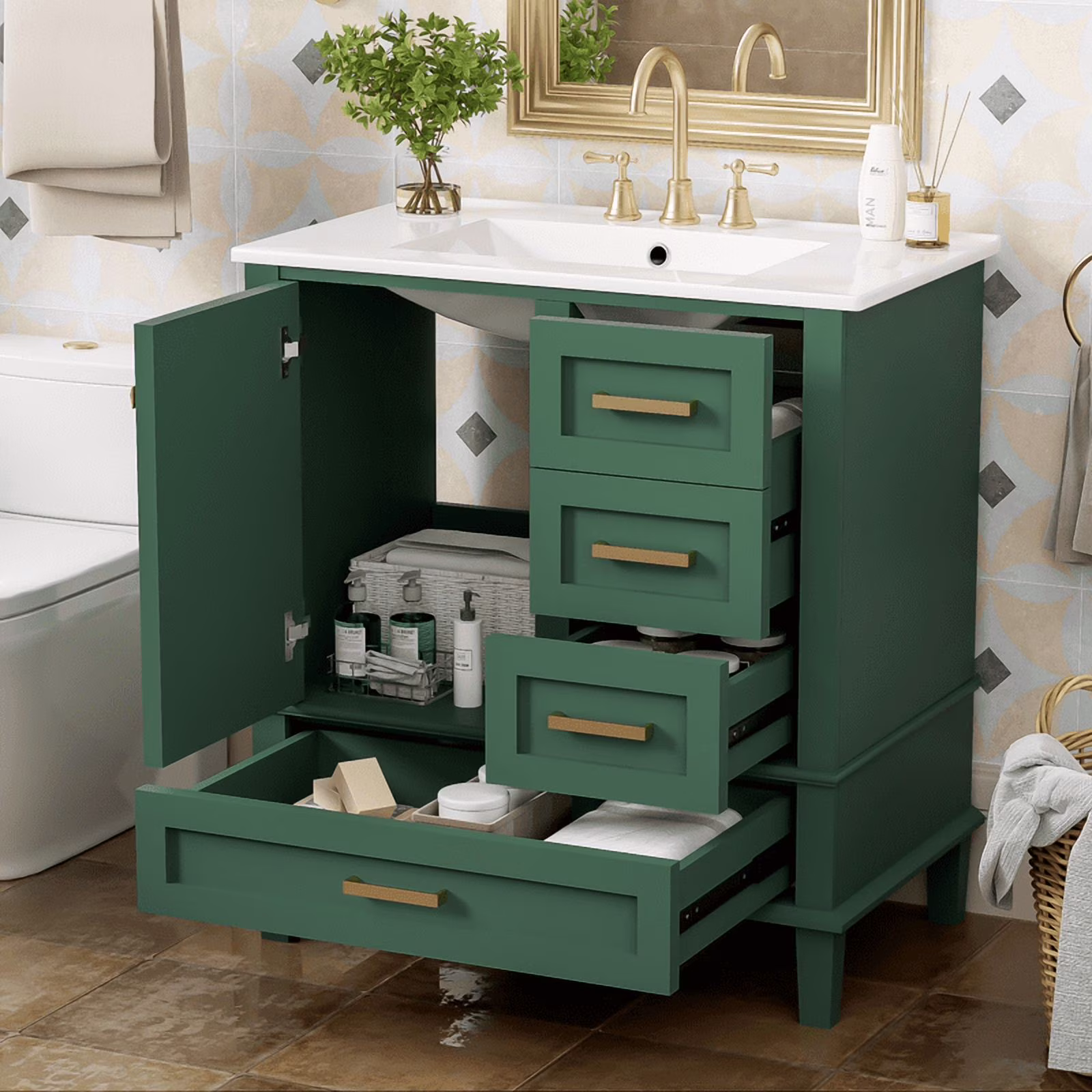 30" Bathroom Vanity with Sink, Modern bathroom sink cabinet with Soft-Close storage Drawers, Freestanding Vanity with Ceramic Top (Green)(Green)