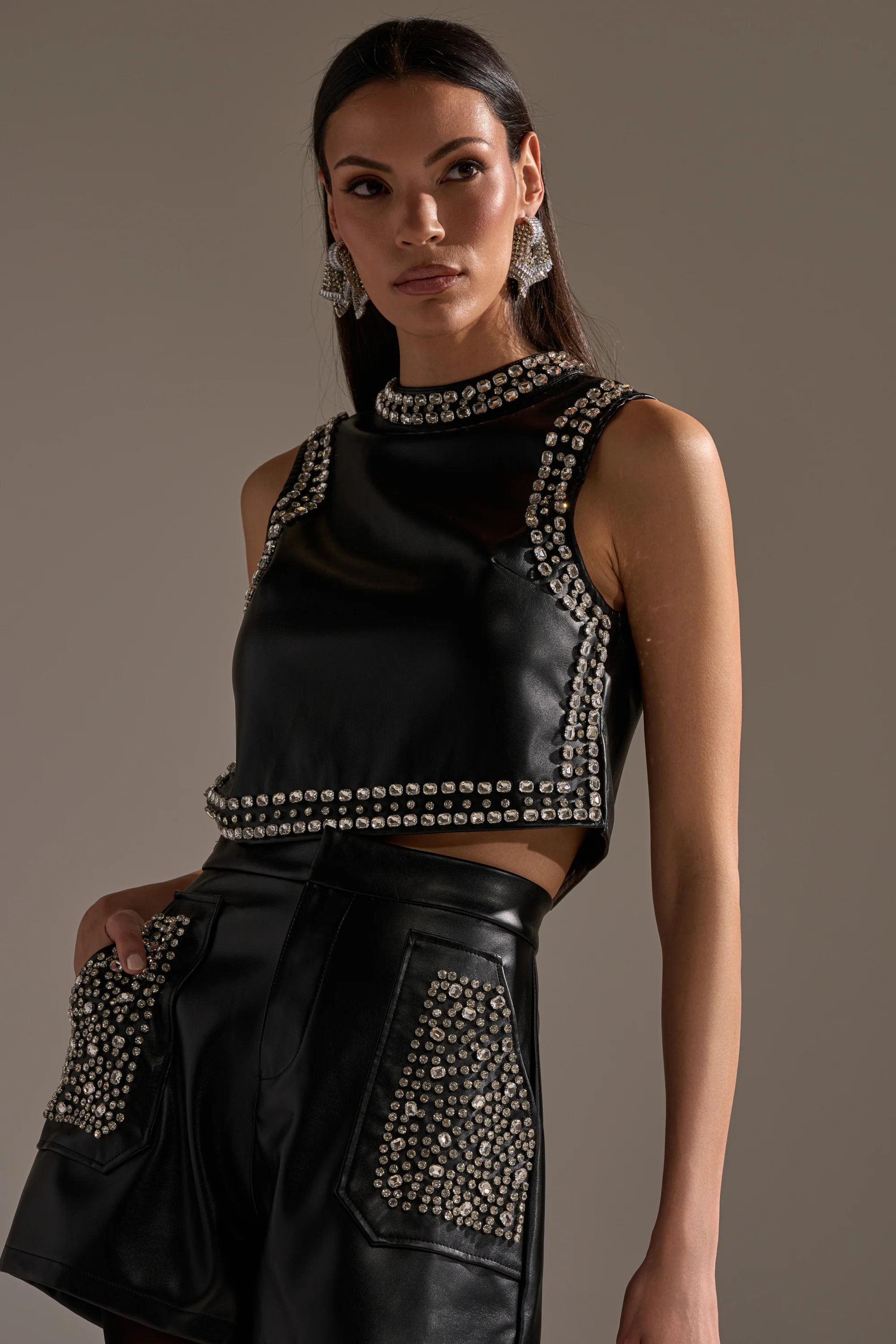 DANCE THE NIGHT AWAY FAUX LEATHER RHINESTONE BLOUSE - Akira Store