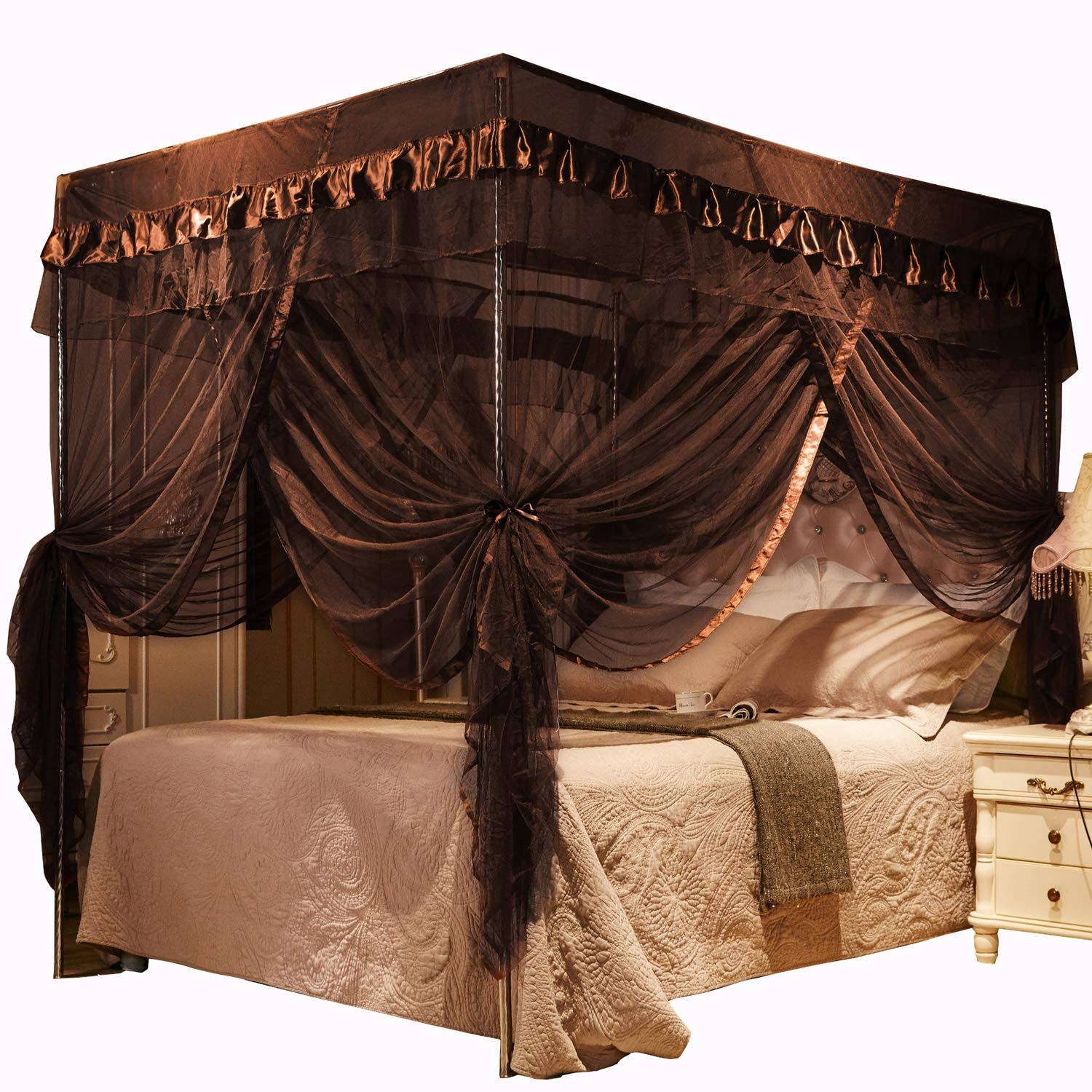 Mengersi 4 Corners Post Canopy Bed Curtains Canopy for Bed King Size - Royal Luxurious Mosquito Net Bedroom Decor (King Coffee)