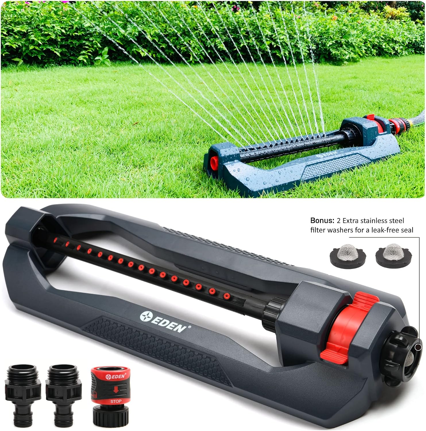 Eden 96213 Weighted Essential Oscillating Sprinkler| Covers up to 3,600 sq. ftft., 16 Precision Nozzles, Adjustable Range, Turbo Drive Motor, Quick Connect Bundle, Stainless Steel Filters, Black