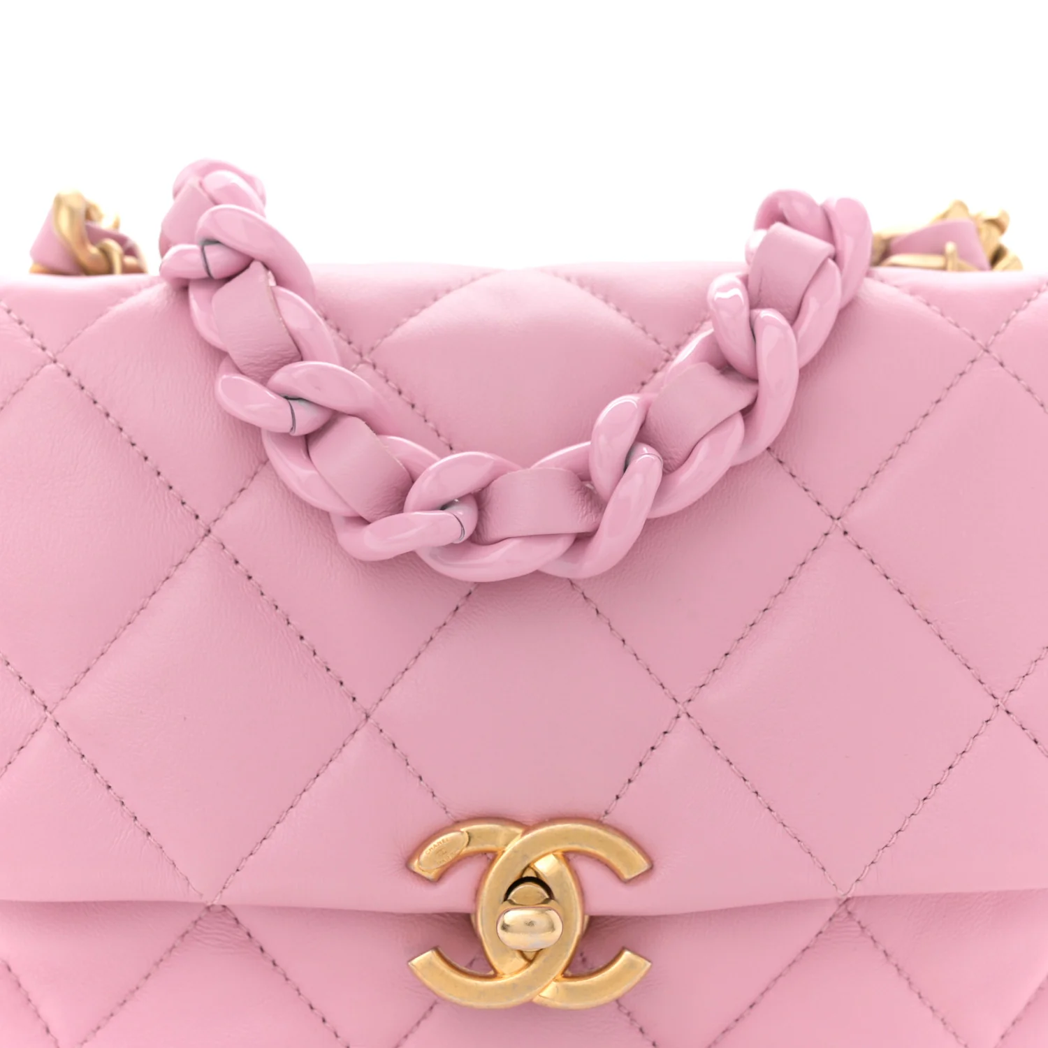 Lambskin Quilted Mini Lacquered Chain Flap Pink