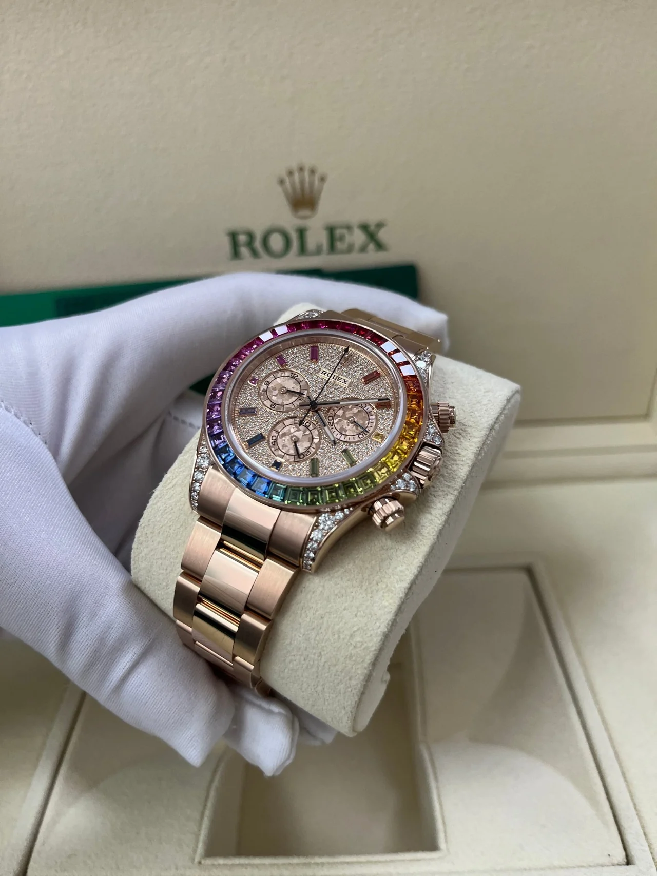 [Super Clone]Rolex Daytona Rainbow Pave DiamondsDial Swiss Replica Watch 18k Rose Gold Bracelet | Ref 116595RBOW