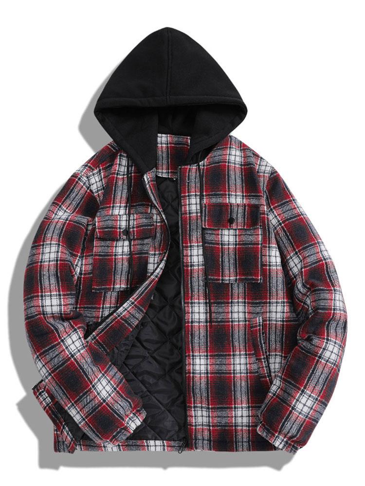 Manteau à carreaux en flanelle doublée matelassée avec capuche