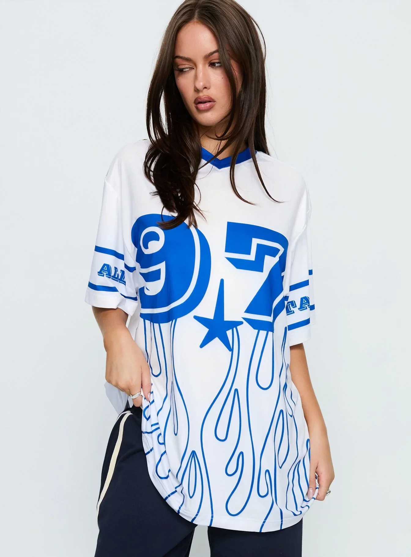 97 Sportstar Oversized Jersey Graphic Top White Blue