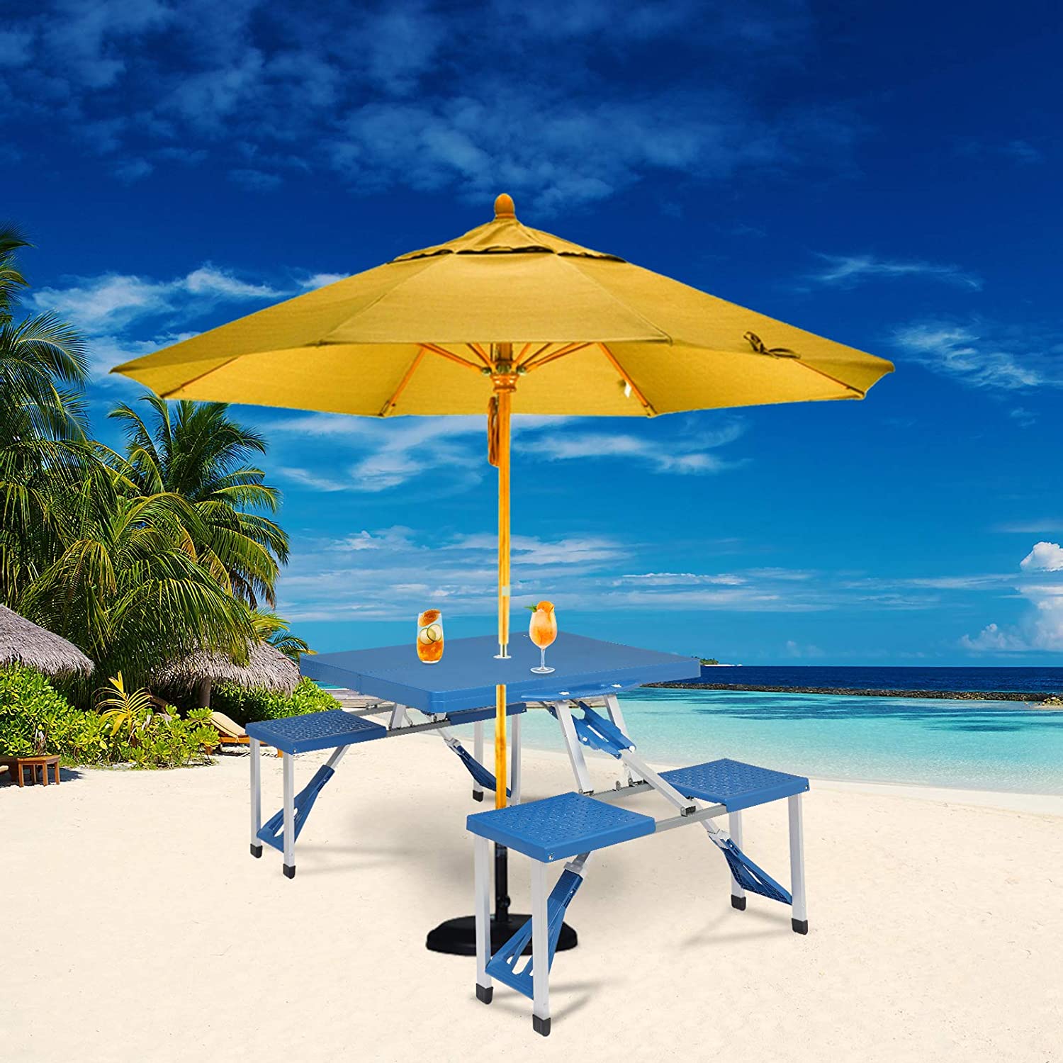 Ensemble table de pique-nique de camping pliable et portable de 1,20 m (4 pi), supportant jusqu'à 100 kg (220 lb), 4 places, cadre en aluminium bleu