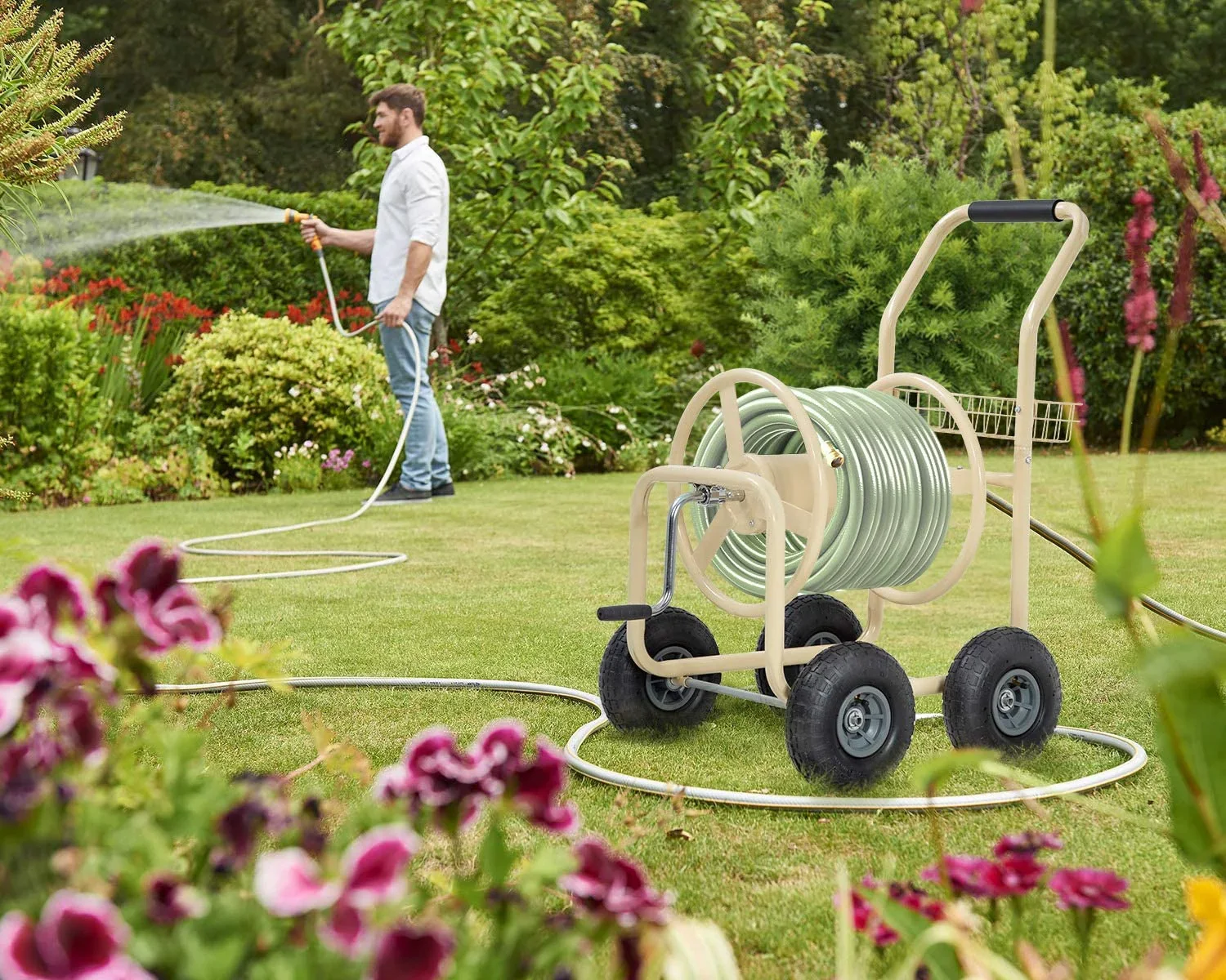 FDW Heavy-Duty Garden Hose Reel Cart w/ Basket