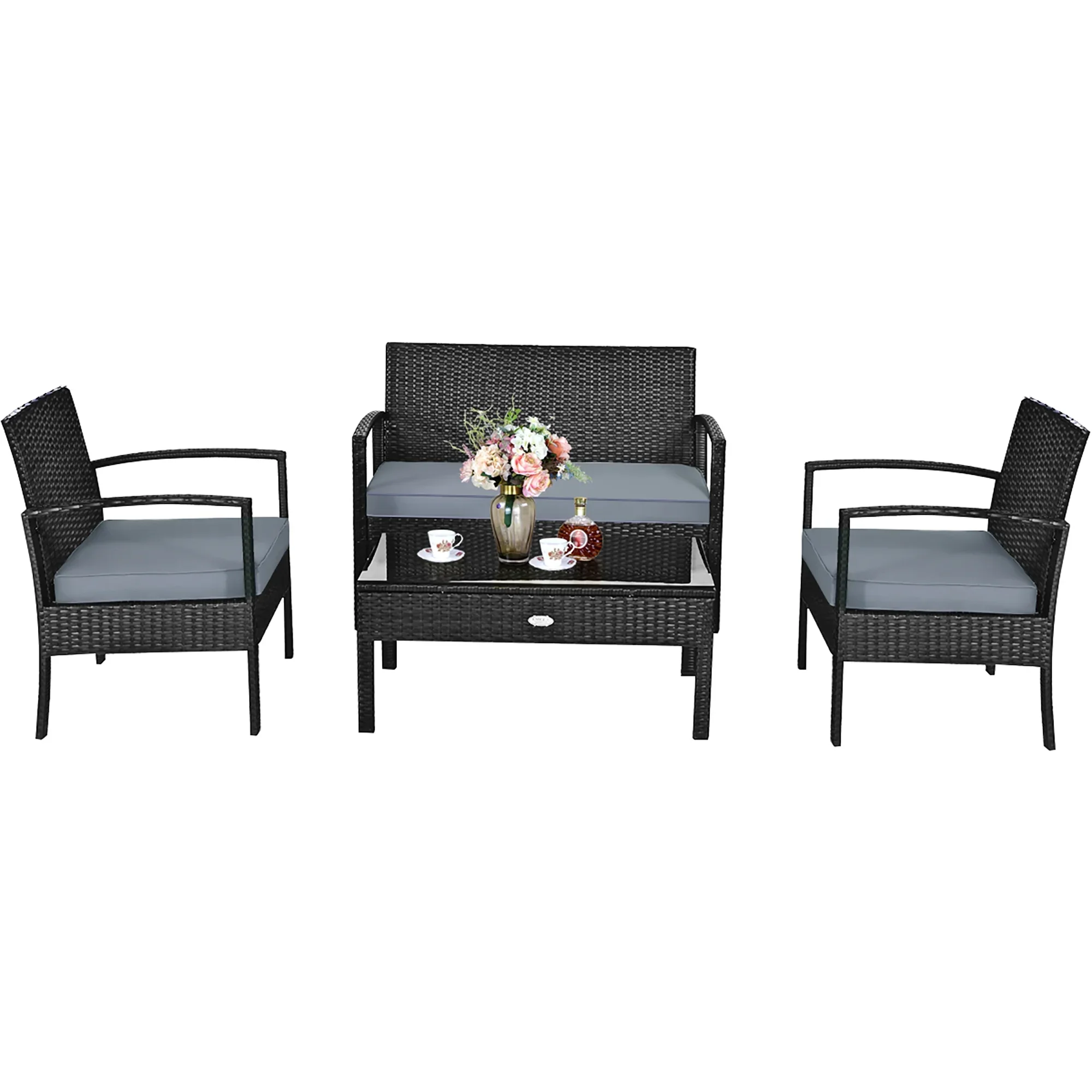 Costway 4PCS Patio Rattan Wicker Furniture Set Loveseat Sofa Cushioned Garden Yard Brown