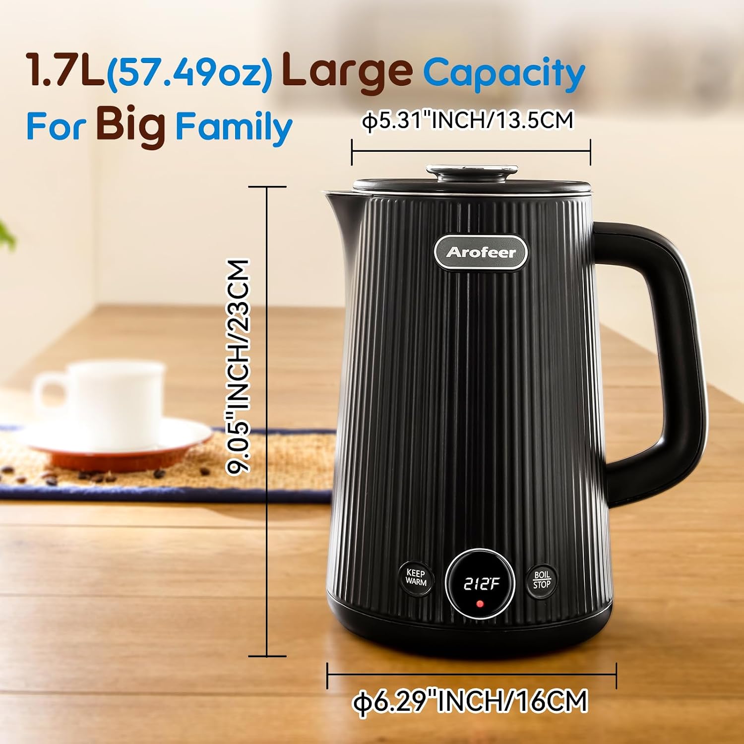 Arofeer ®   Electric Kettle with Temperature Control, 1.7L Stainless Steel Electric Tea Kettle with LED Display, 5 Presets, 4-Hour Keep Warm, Fast Boil Hot Water Kettle for Tea, Coffee & Oatmeal, Black
